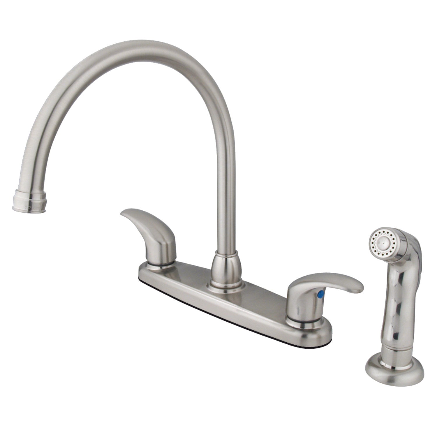Kingston Tulare KB6798LLSP - Robinet de cuisine à deux poignées 4 trous 8" avec pulvérisateur latéral, nickel brossé
