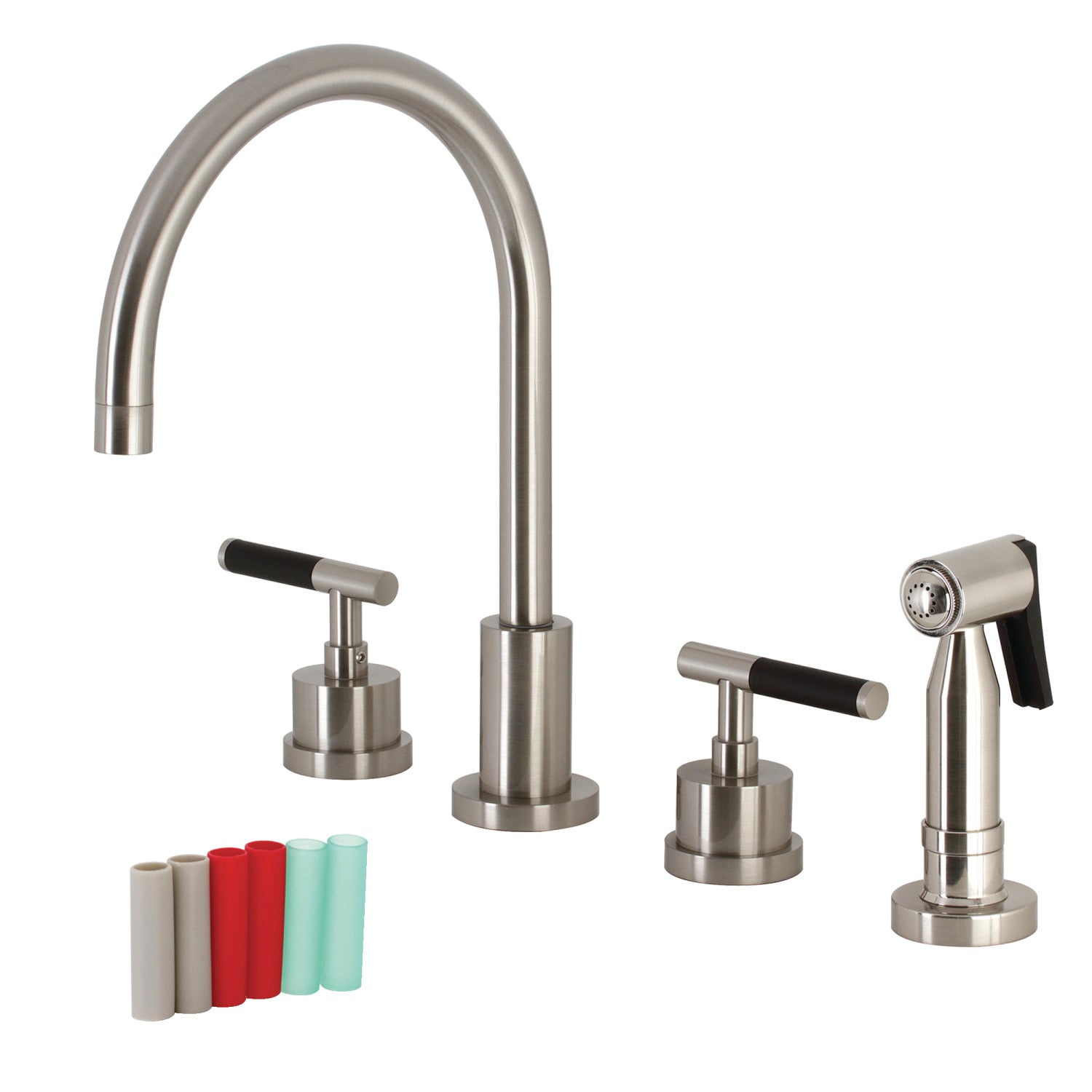 Kingston Sona KS8728CKLBS - Robinet de cuisine à double poignée Kaiser 4 trous avec pulvérisateur en laiton, nickel brossé