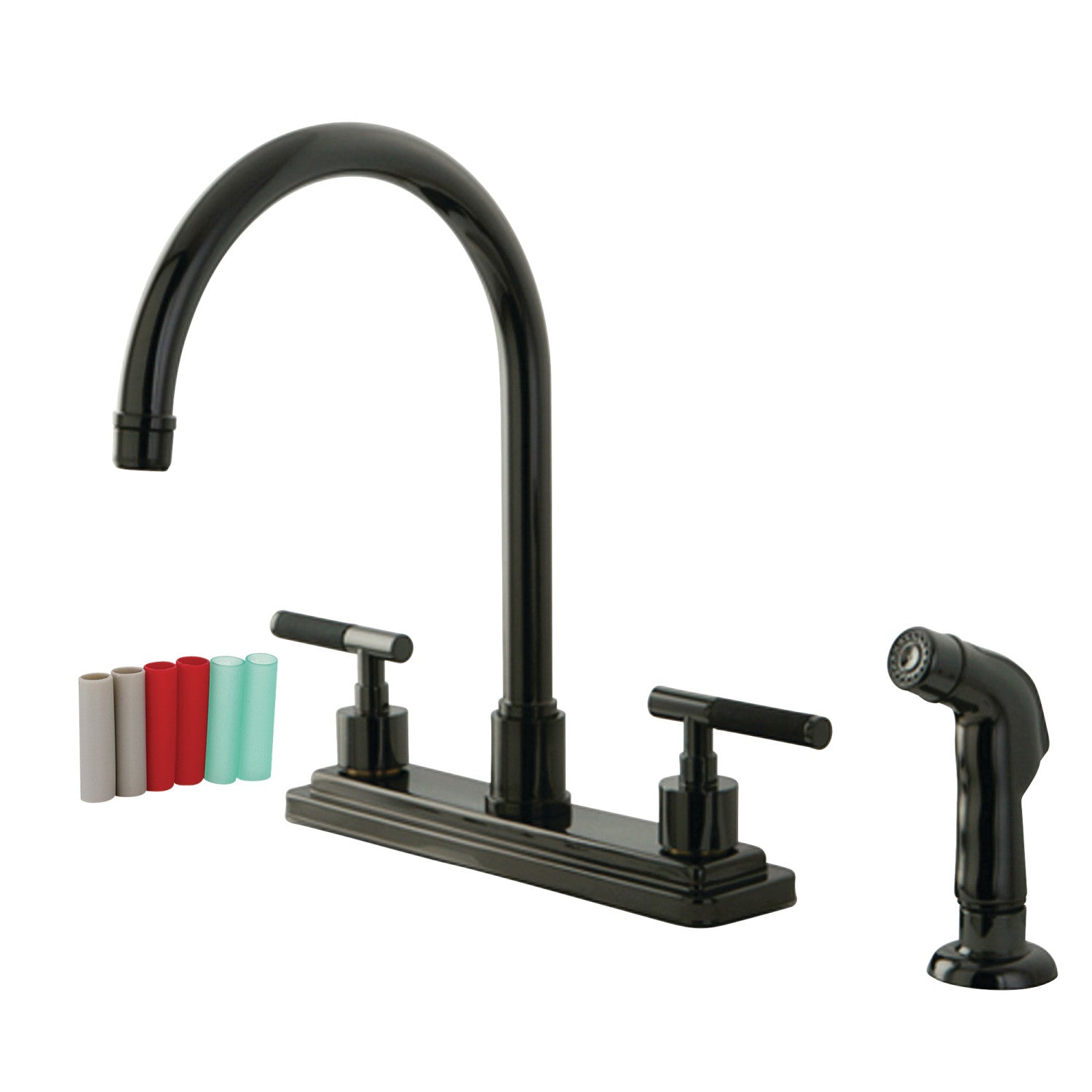 Kingston Sona NS8790DKLSP - Robinet de cuisine à deux poignées Onyx 4 trous 8" avec pulvérisateur latéral, acier inoxydable noir