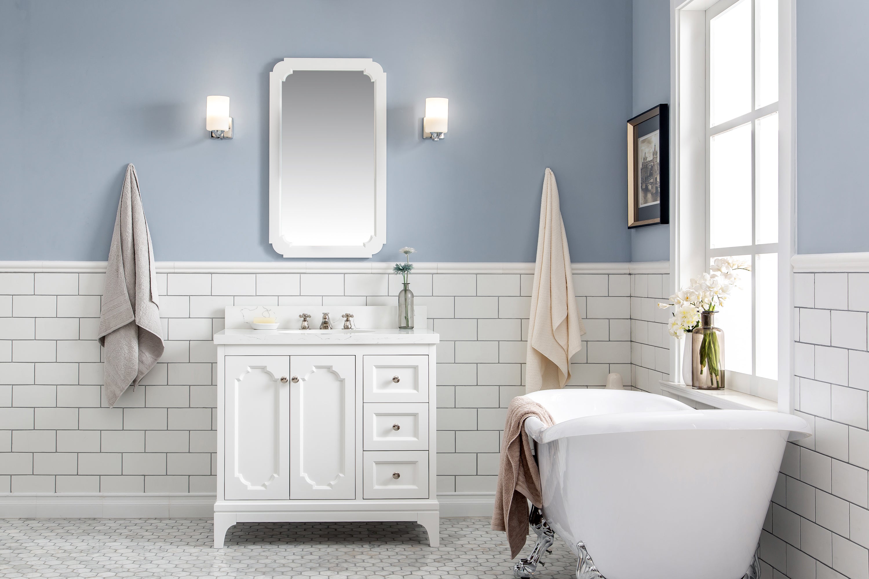 Kingston Luxe QU36QZ05PW - 36 in. x 22 in. Bathroom Vanity Quartz Carrara Top and White Ceramic Basins, Pure White