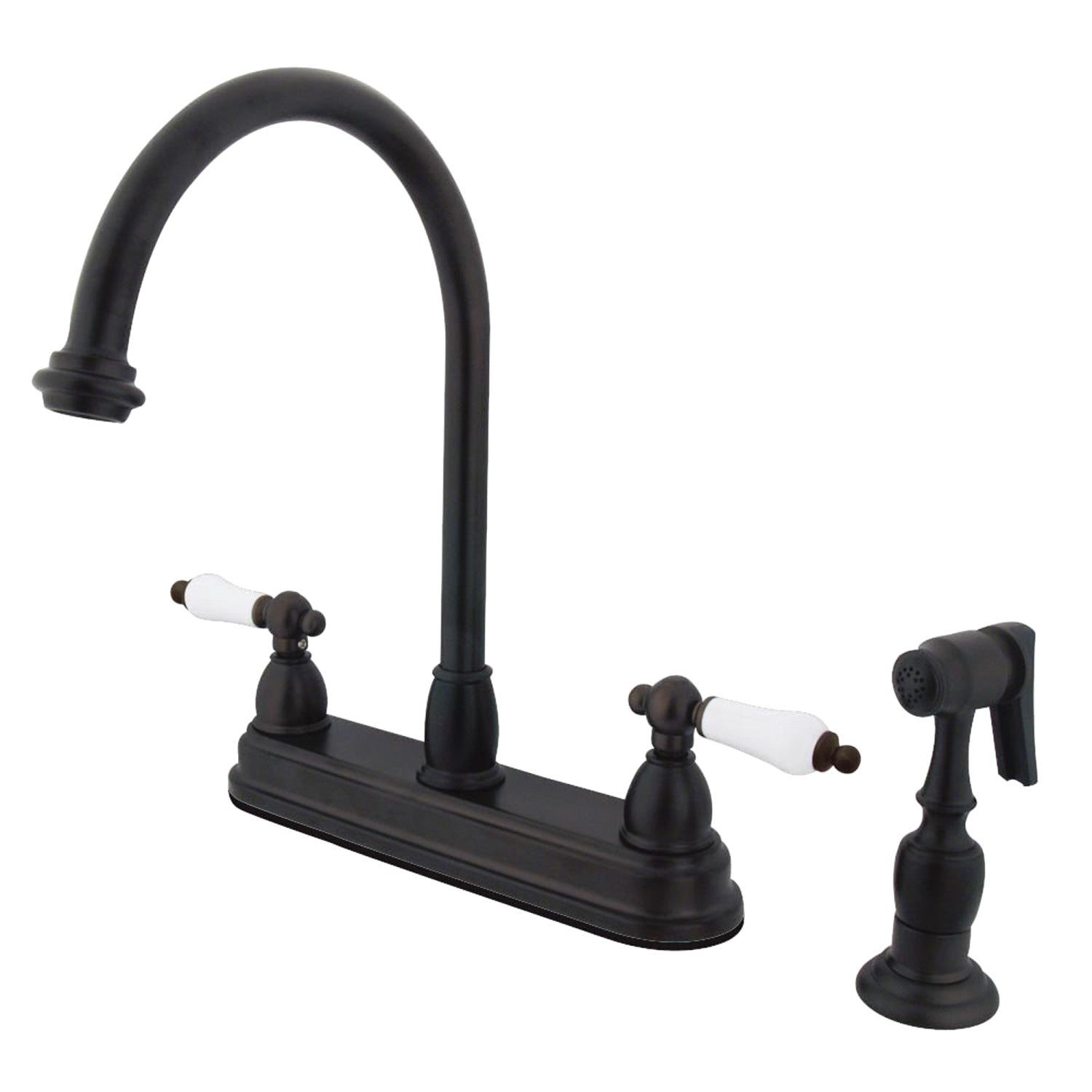 Kingston Heirloom KB3755PLBS - Robinet de cuisine central à deux poignées de restauration 4 trous 8" avec pulvérisateur en laiton, bronze frotté à l'huile