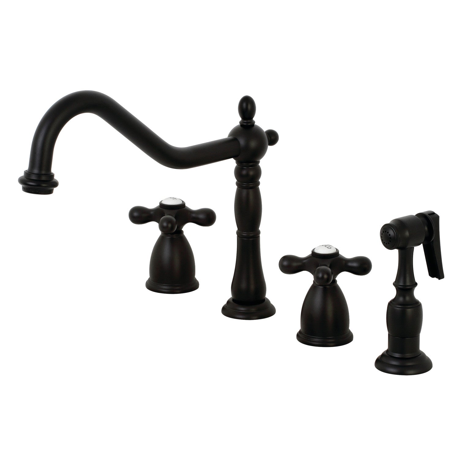 Kingston Heirloom KB1790AXBS - Robinet de cuisine à double poignée Heritage 4 trous avec pulvérisateur en laiton, noir mat