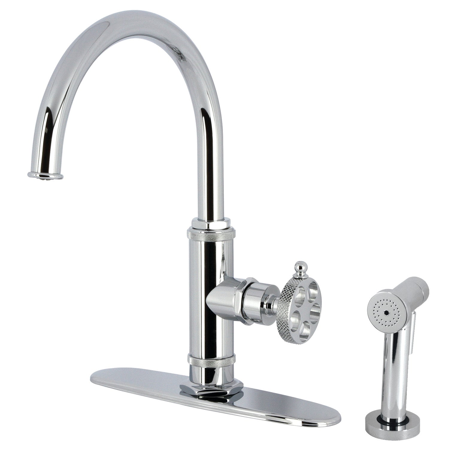 Kingston Sona KS2431RKX - Webb Robinet de cuisine monomanche 1 trou avec poignée moletée et pulvérisateur latéral en laiton, chrome poli