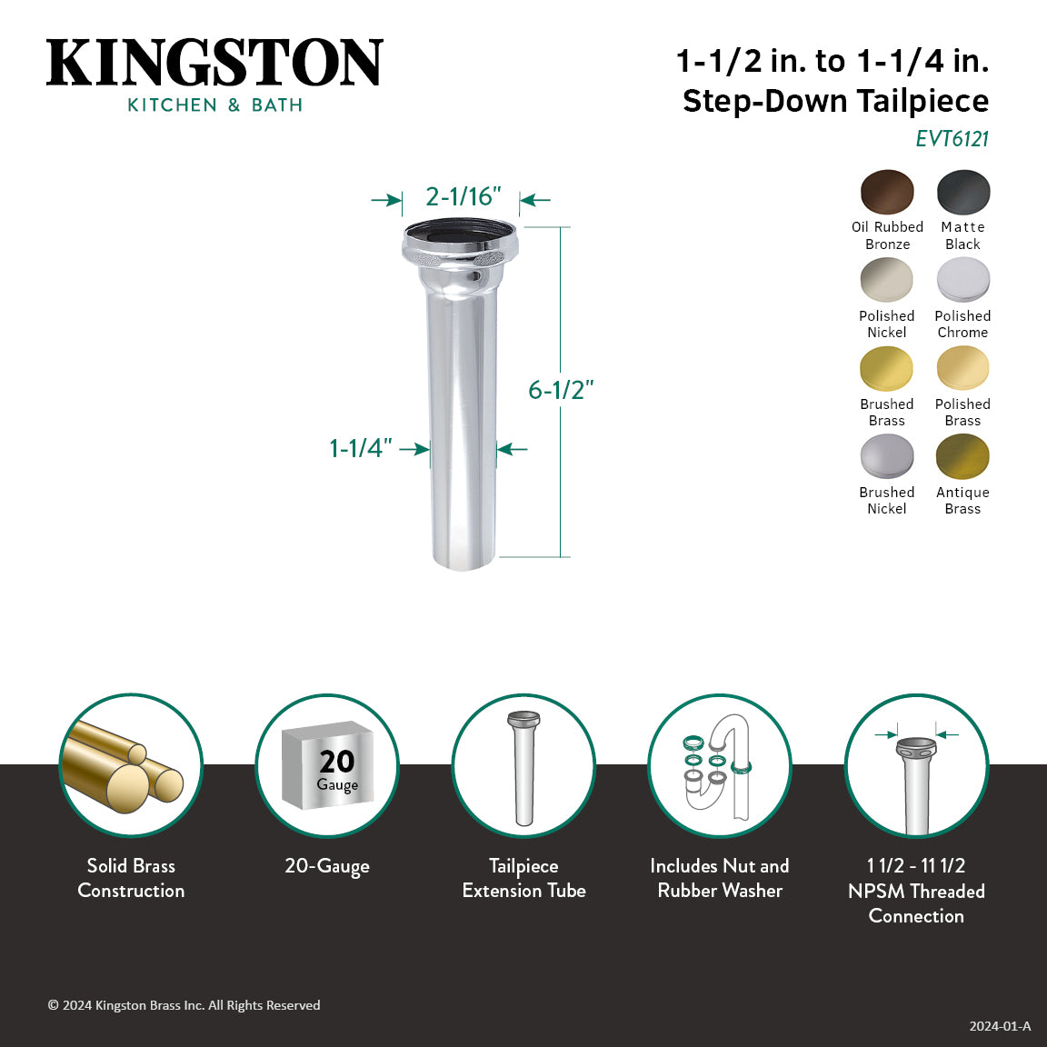 Kingston Possibility EVT6125 1-1/2" to 1-1/4" Step-Down Tailpiece, 6" Length, Oil Rubbed Bronze