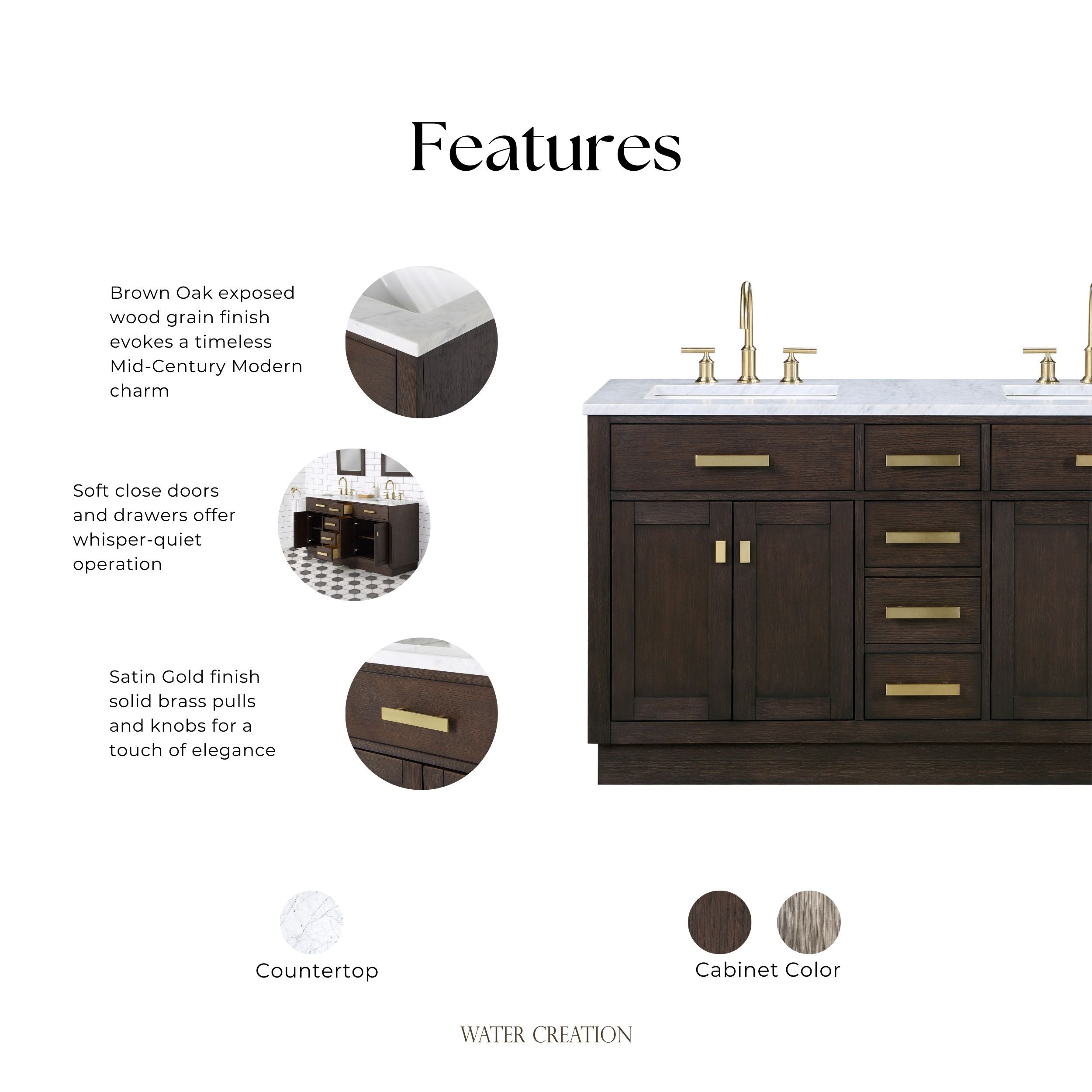Kingston Luxe CH60CW06BK - 60 in. x 21.5 in. Bathroom Vanity Marble Top and White Basin, Brown Oak