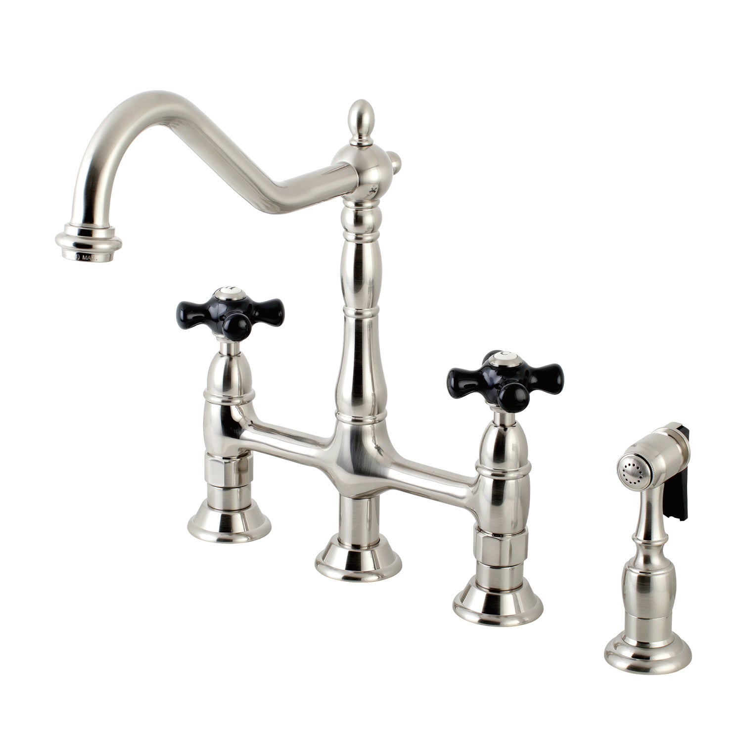 Kingston Heirloom KS1278PKXBS - Robinet de cuisine à deux poignées 4 trous montage sur plage Bridge avec pulvérisateur en laiton, nickel brossé