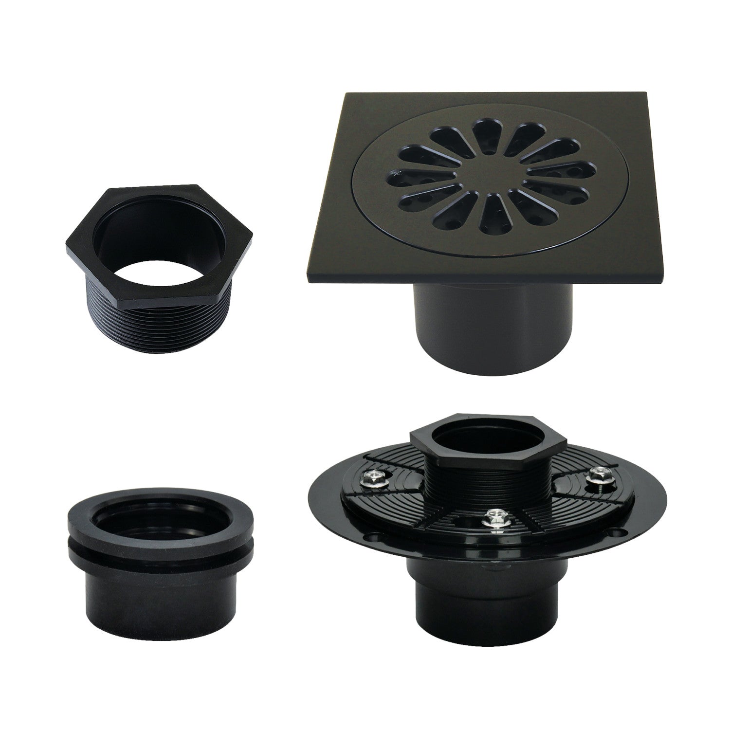 Kingston Watercourse BSFK4161MB 4-Inch Brass Square Grid Shower Drain with Hair Strainer and Base Flange, Matte Black