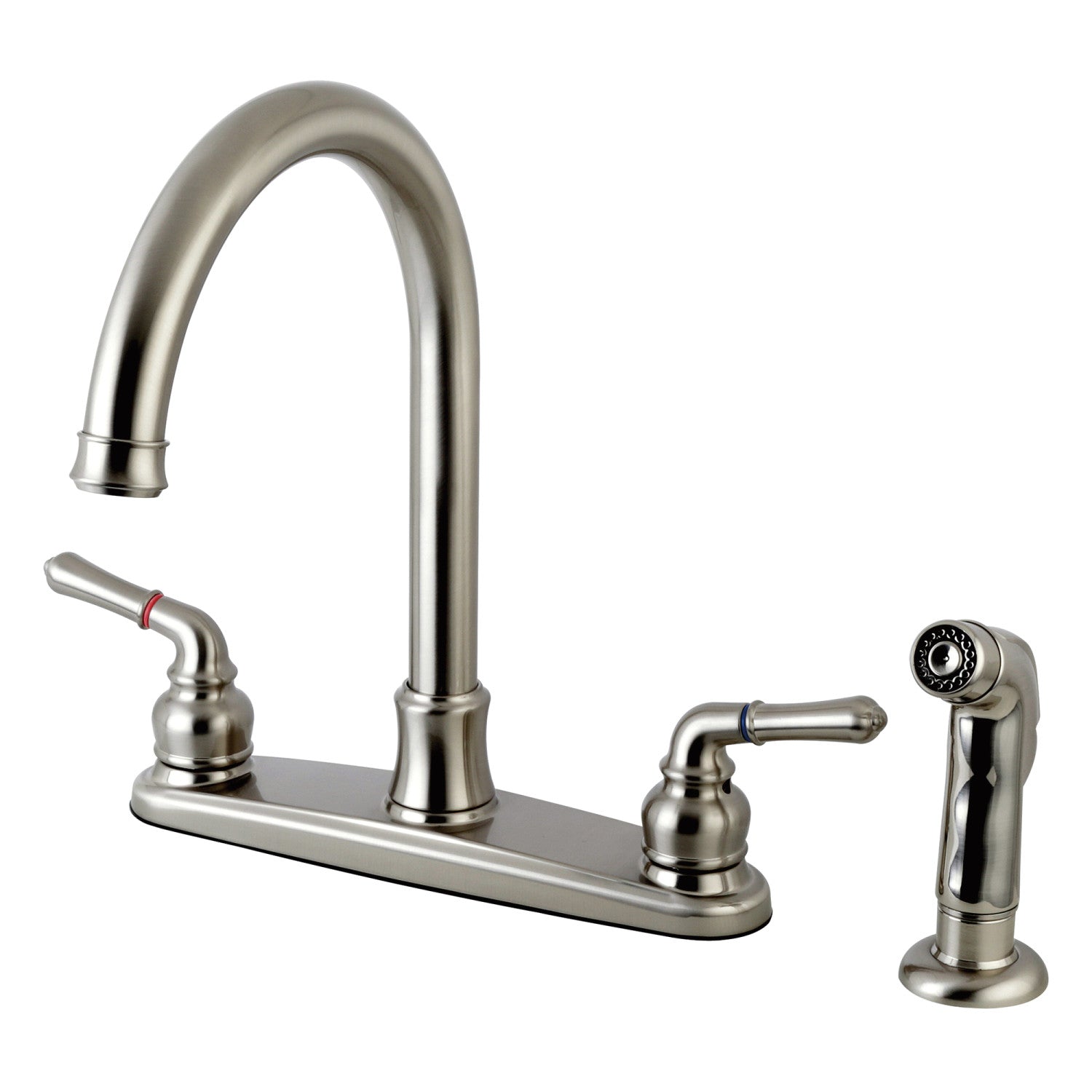 Kingston Tulare FB7798NMLSP - Robinet de cuisine à deux poignées 4 trous 8" avec pulvérisateur latéral, nickel brossé