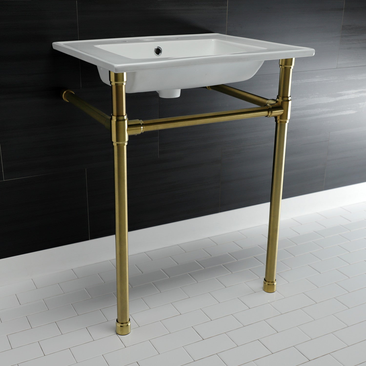 Kingston Tulare KVPB25227W87 - Dreyfuss 25-Inch Ceramic Console Sink with Stainless Steel Legs (8-Inch, 3-Hole), White/Brushed Brass