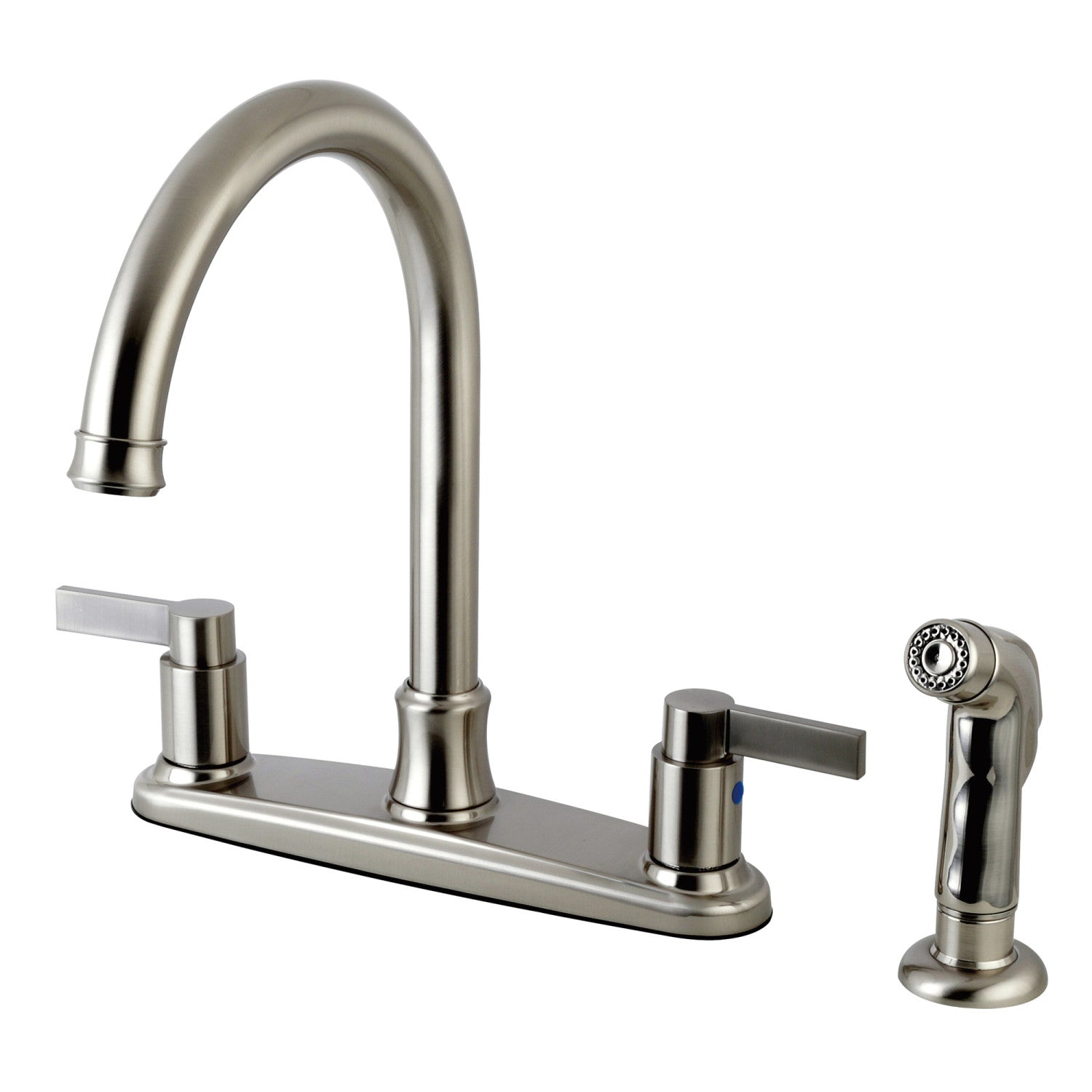 Kingston Tulare FB7798NDLSP - NuvoFusion Robinet de cuisine à deux poignées 4 trous 8" avec pulvérisateur latéral, Nickel brossé