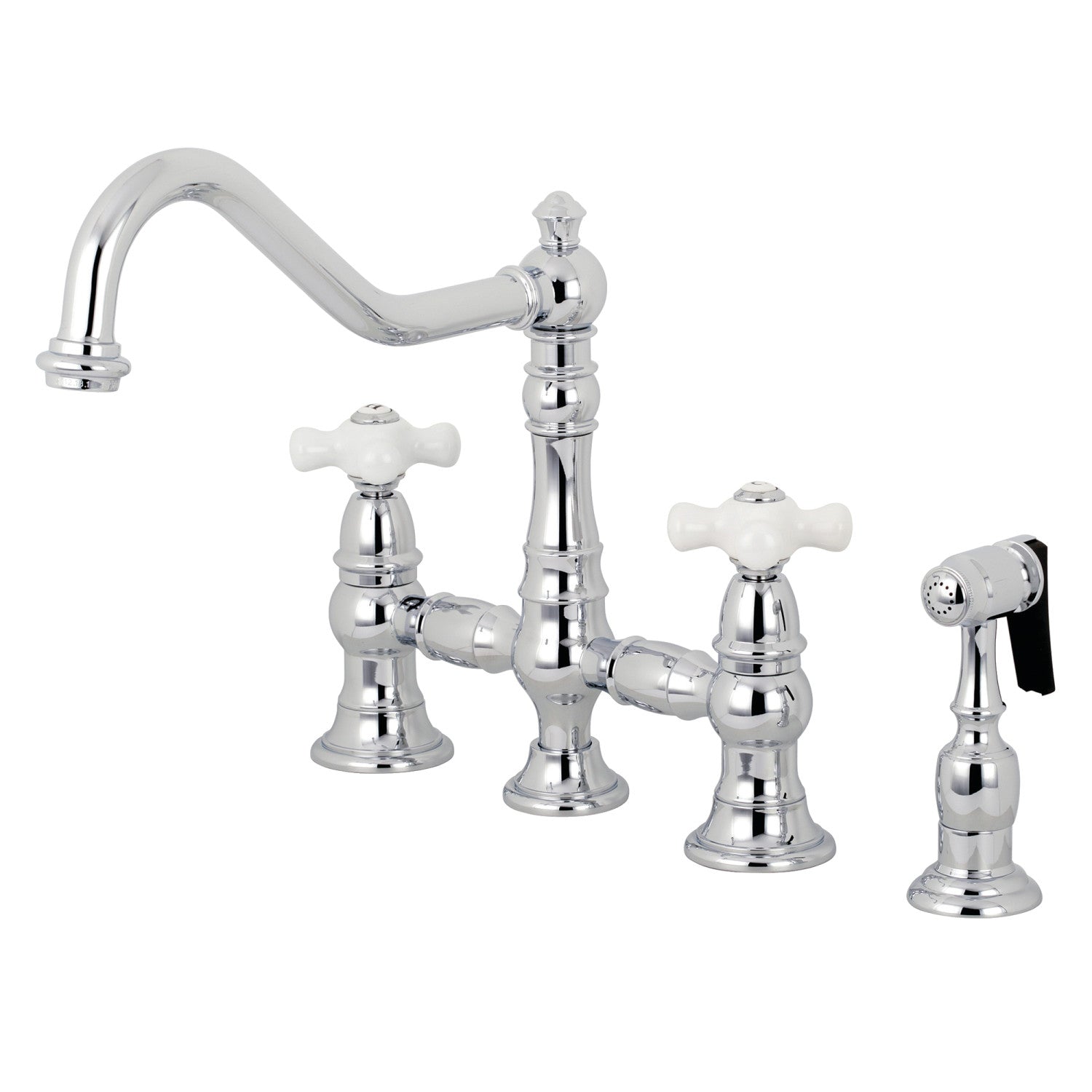 Kingston Heirloom KS3271PXBS - Robinet de cuisine à deux poignées de restauration 4 trous montage sur plage Bridge avec pulvérisateur en laiton, chrome poli