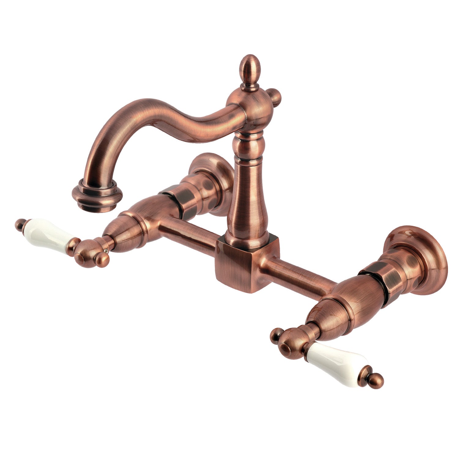 Kingston Heirloom KS126PLAC - Robinet de cuisine à deux poignées Heritage 2 trous Wall Mount Bridge, cuivre antique