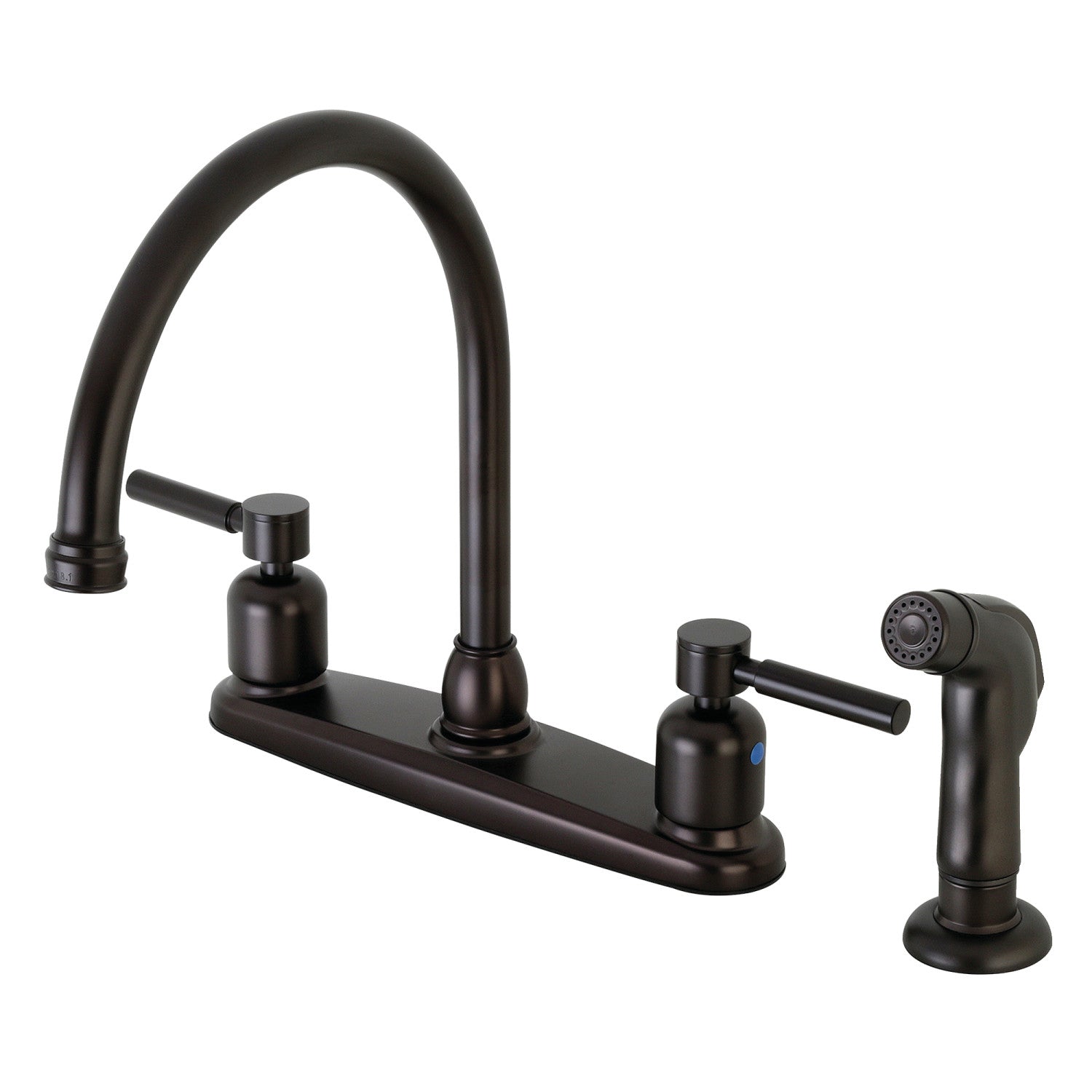 Kingston Tulare FB795DLSP - Robinet de cuisine central à deux poignées Concord 4 trous 8" avec pulvérisateur latéral, bronze frotté à l'huile