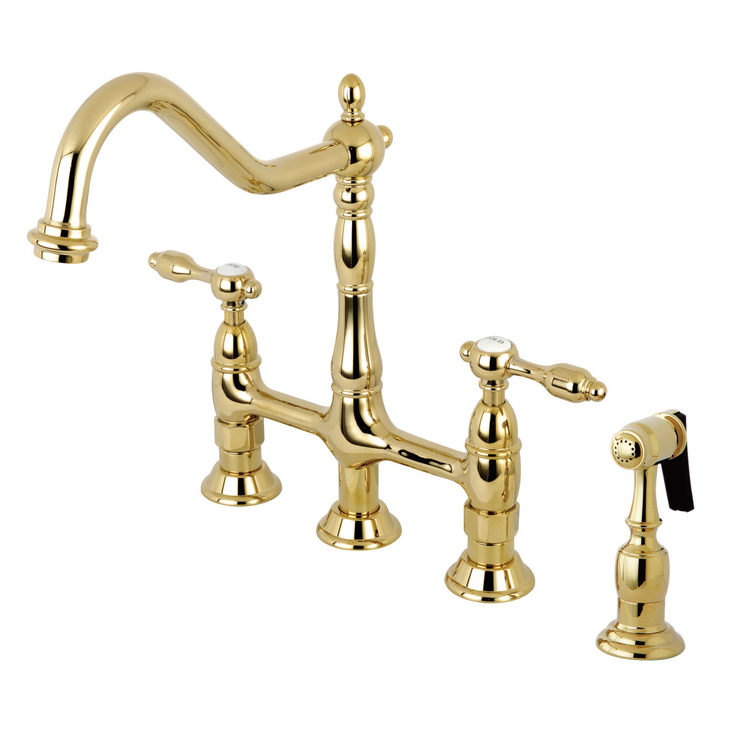 Kingston Heirloom KS1272TALBS - Robinet de cuisine à deux poignées Tudor 4 trous Mount Bridge avec pulvérisateur en laiton, laiton poli