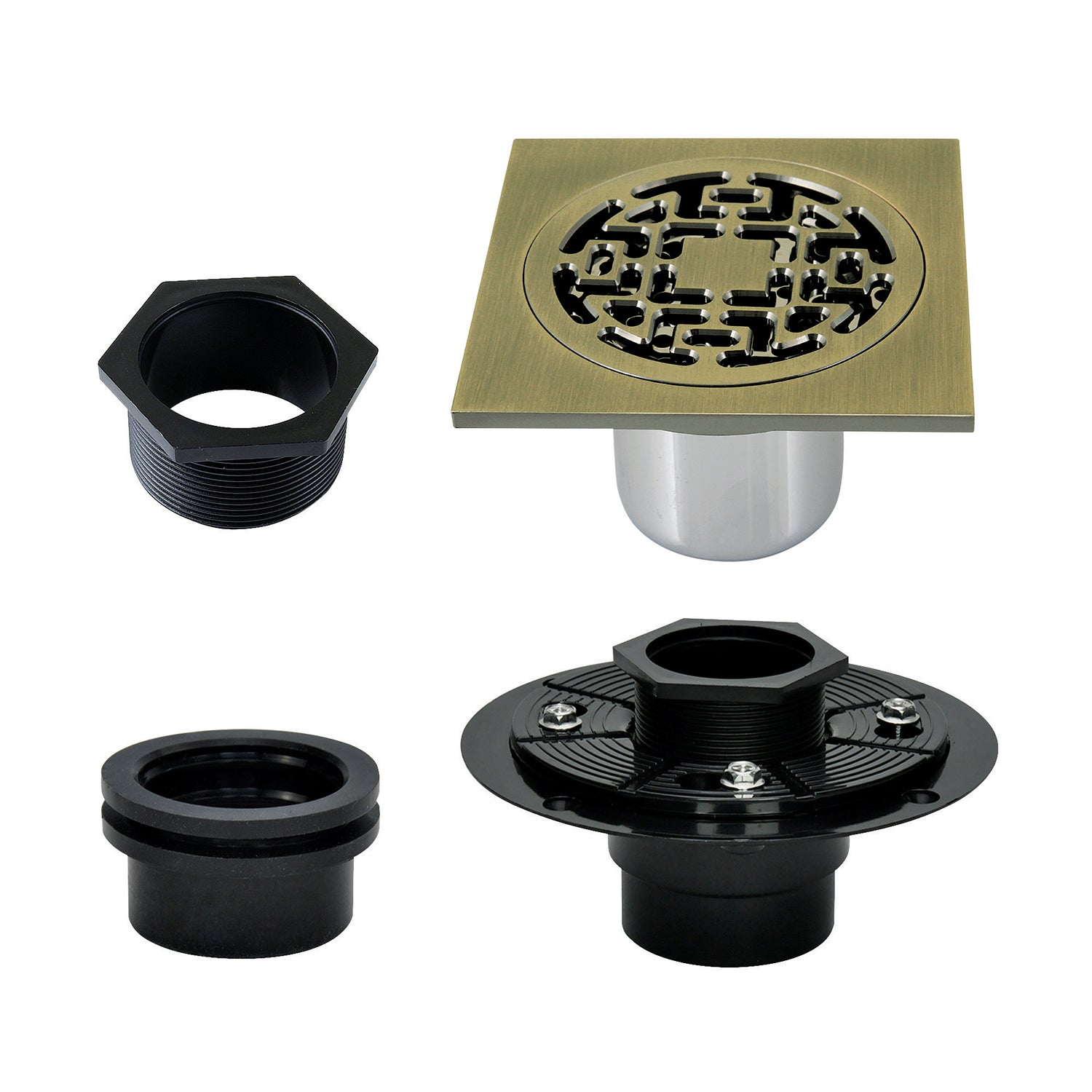 Kingston Watercourse BSFK4272AB 4-Inch Brass Square Grid Shower Drain with Hair Strainer and Base Flange, Antique Brass