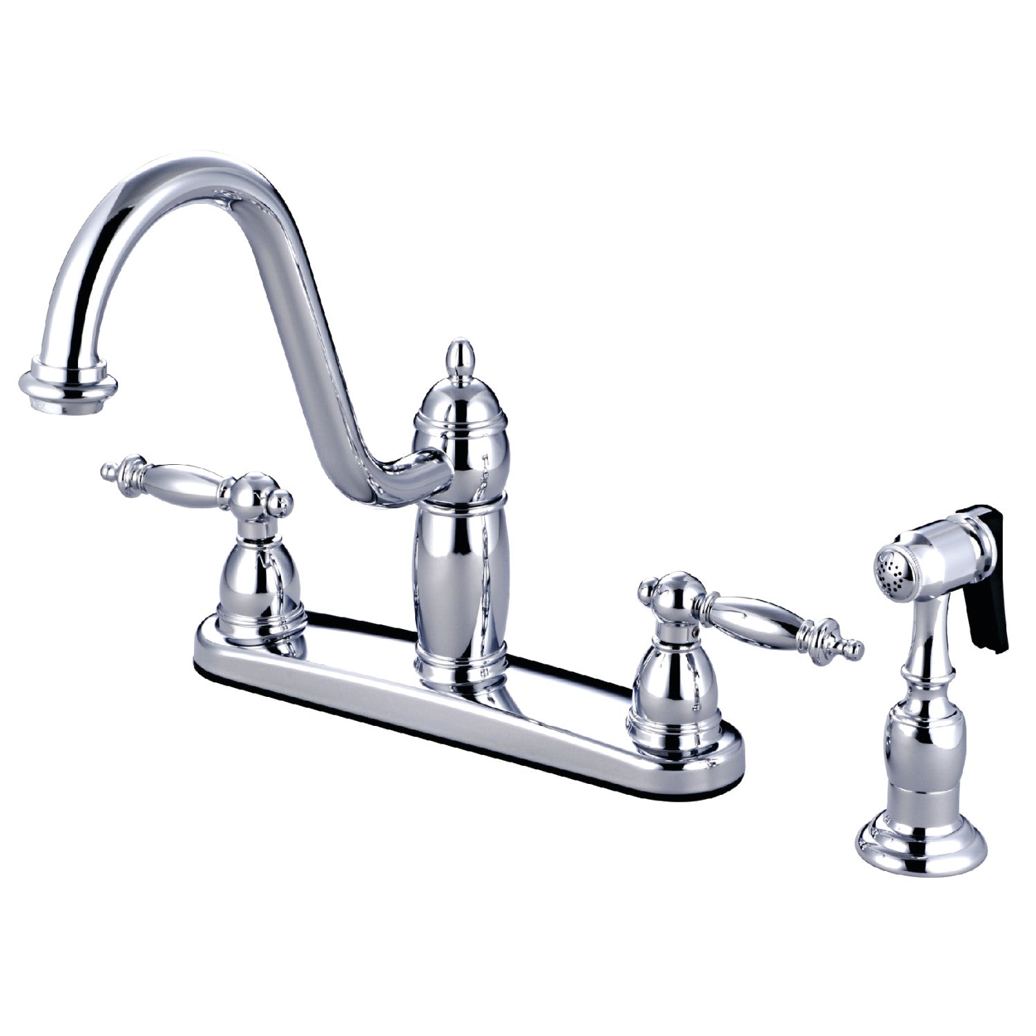 Kingston Heirloom KB7111TLBS - Templeton Robinet de cuisine à deux poignées 4 trous 8" avec pulvérisateur en laiton, chrome poli
