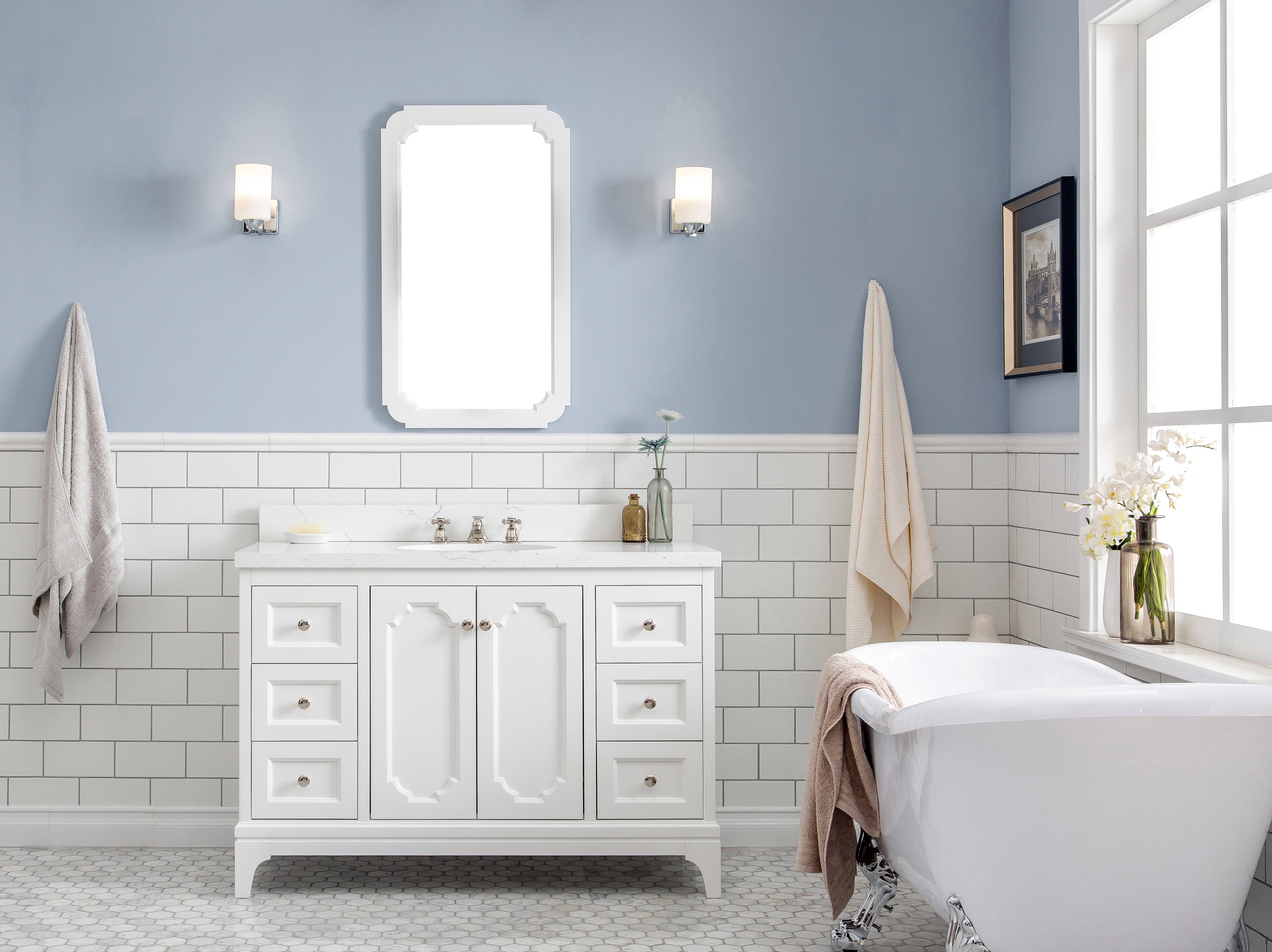 Kingston Luxe QU48QZ05PW - 48 in. x 22 in. Bathroom Vanity Quartz Carrara Top and White Ceramic Basins, Pure White