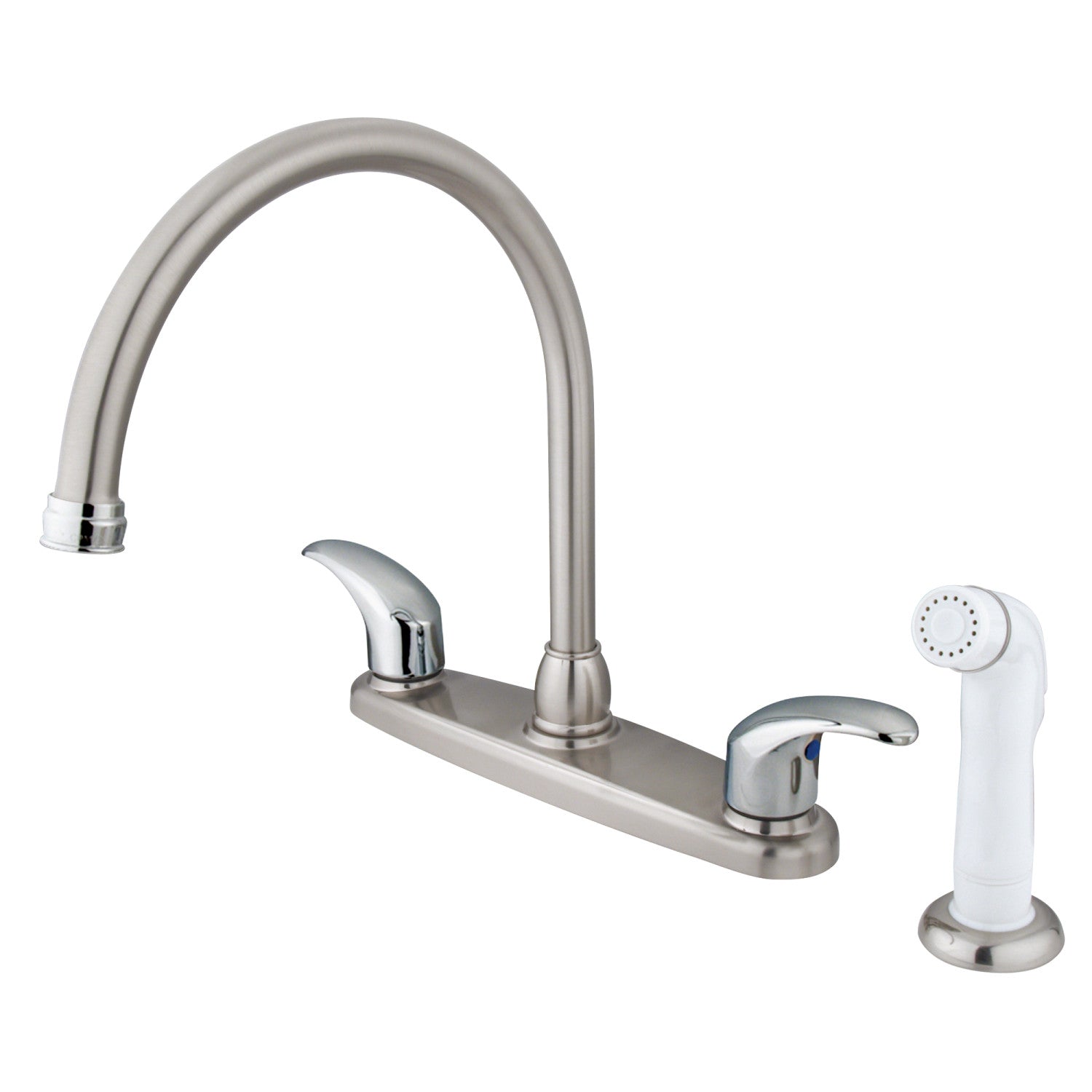 Kingston Tulare KB6797LL - Robinet de cuisine central à deux poignées 4 trous 8" avec pulvérisateur latéral, nickel brossé / chrome poli
