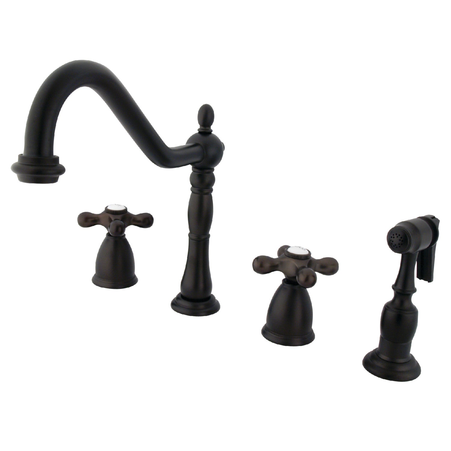 Kingston Heirloom KB1795AXBS - Robinet de cuisine à double poignée Heritage 4 trous avec pulvérisateur en laiton, bronze frotté à l'huile