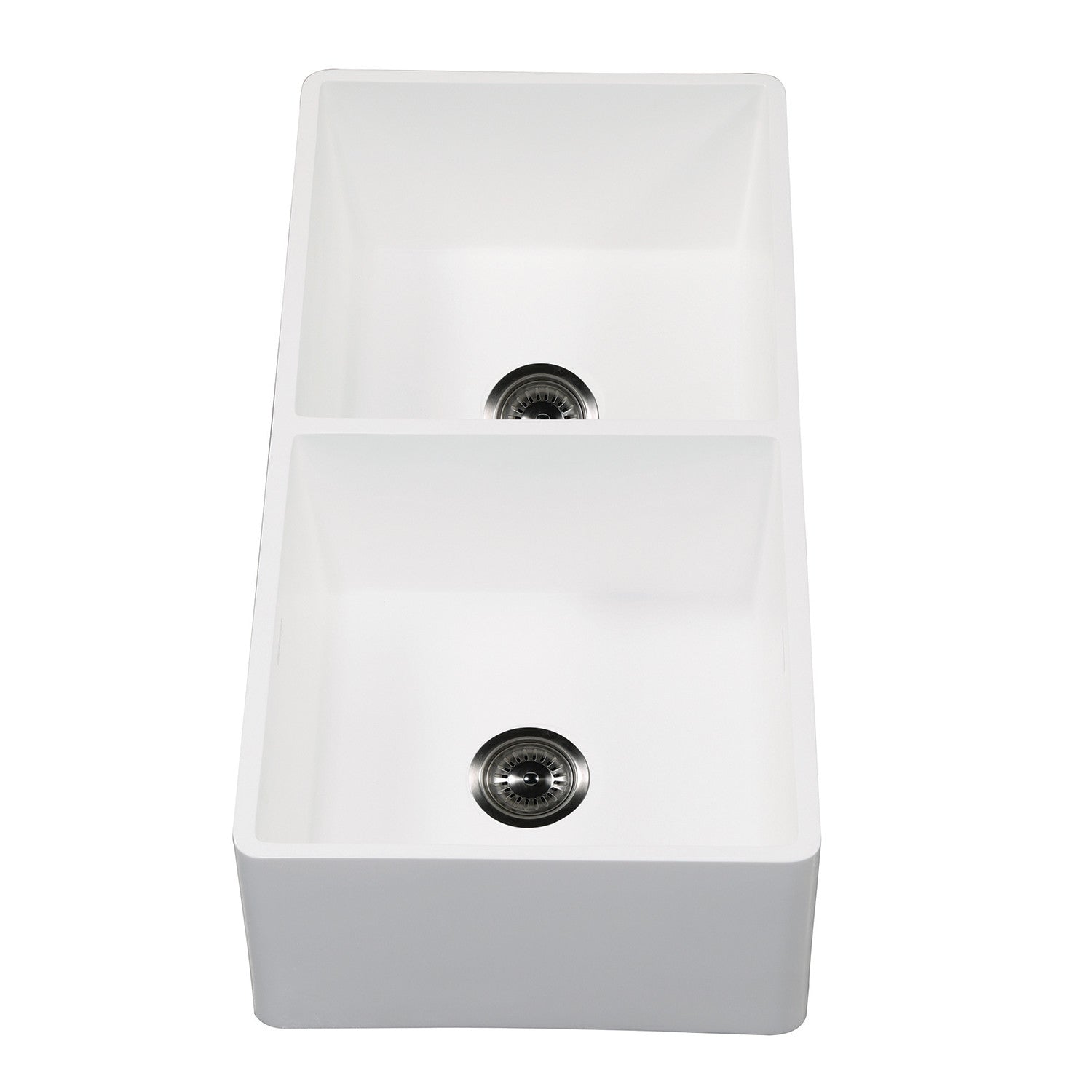Kingston Arcticstone GKFA361810SQD 36-Inch Solid Surface White Stone Apron-Front Double Bowl Farmhouse Kitchen Sink with Strainers x 2, Matte White