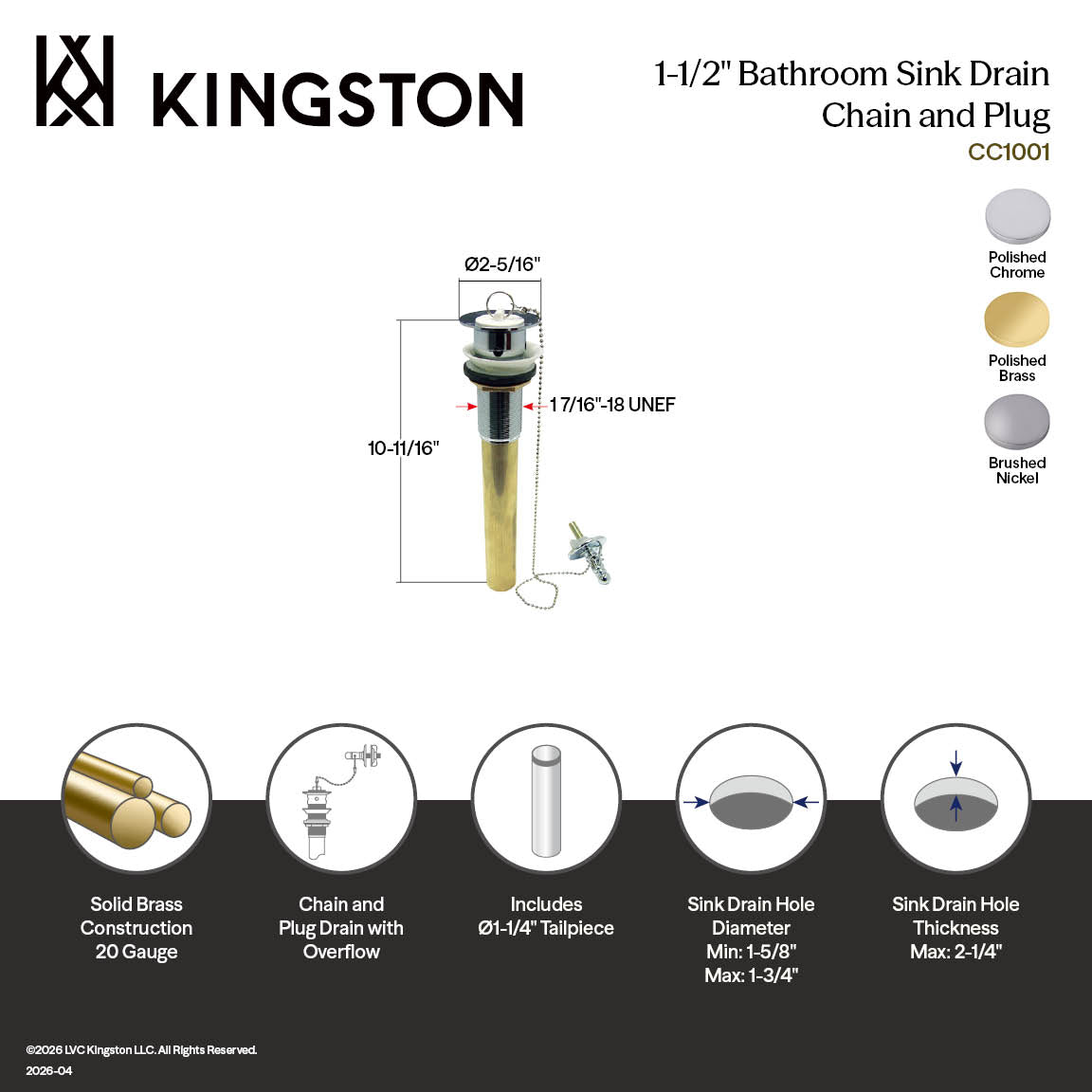 Kingston Heirloom CC1001 - Vintage Brass Chain and Plug Bathroom Sink Drain with Overflow, 20 Gauge, Polished Chrome