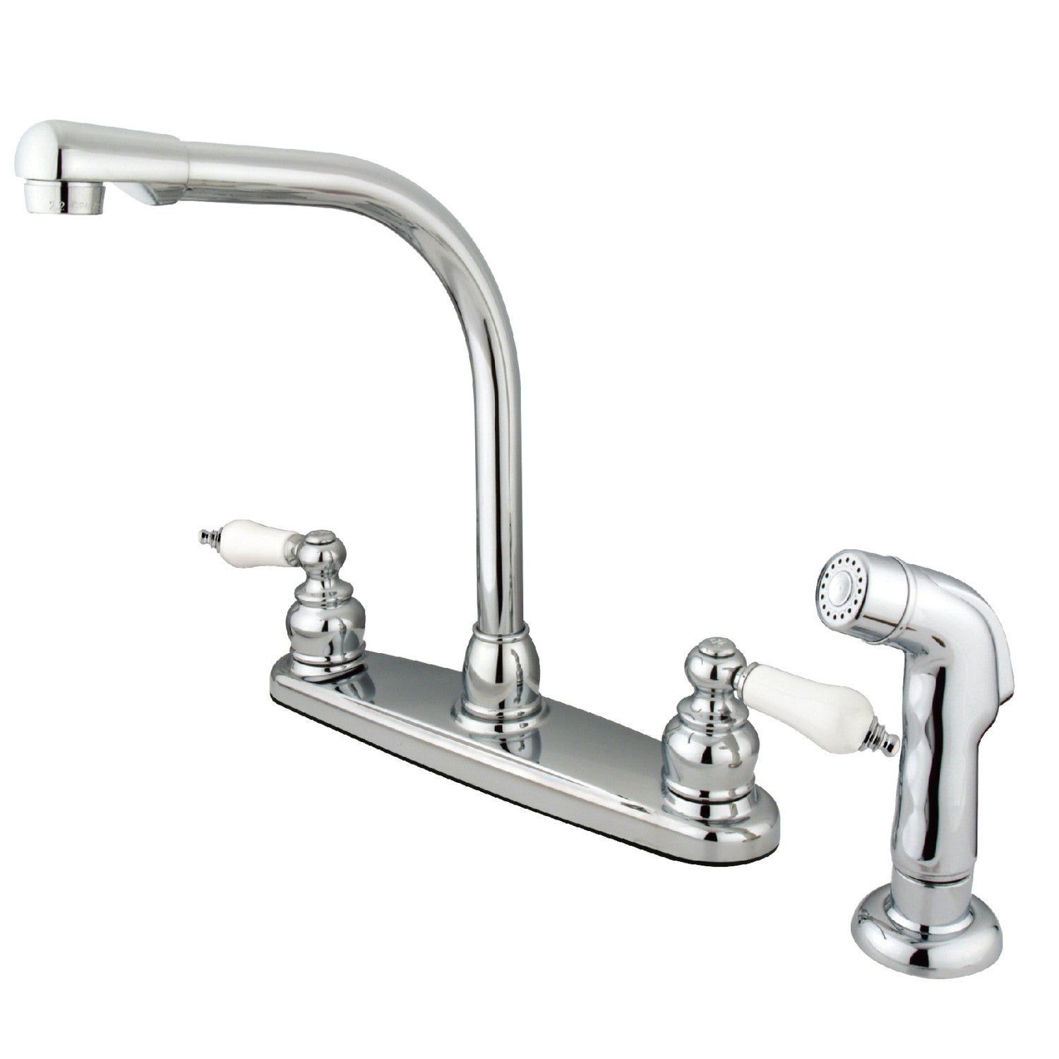 Kingston Tulare KB711SP - Robinet de cuisine central à deux poignées victorienne 4 trous 8" avec pulvérisateur latéral, chrome poli