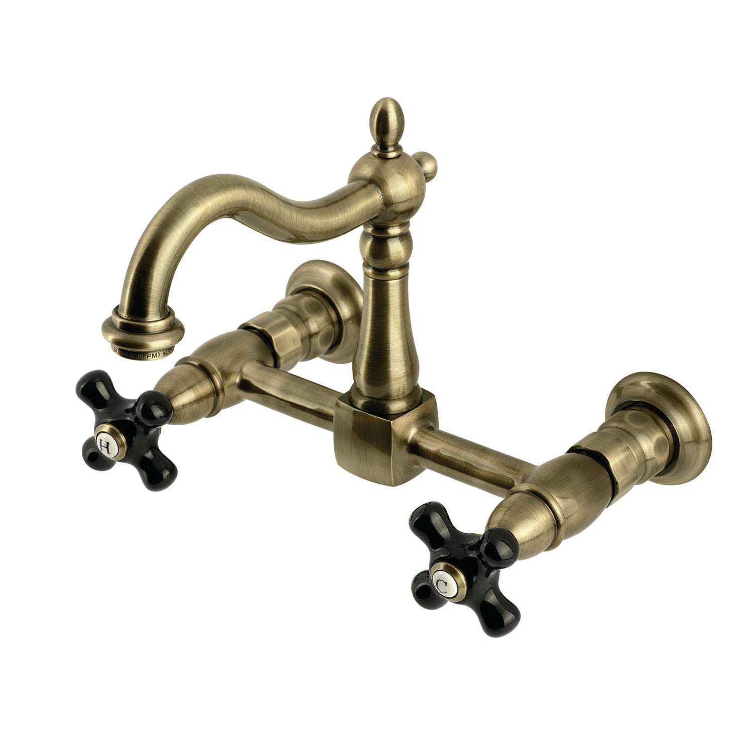 Kingston Heirloom KS1263PKX - Robinet de cuisine à deux poignées 2 trous Wall Mount Bridge, laiton antique