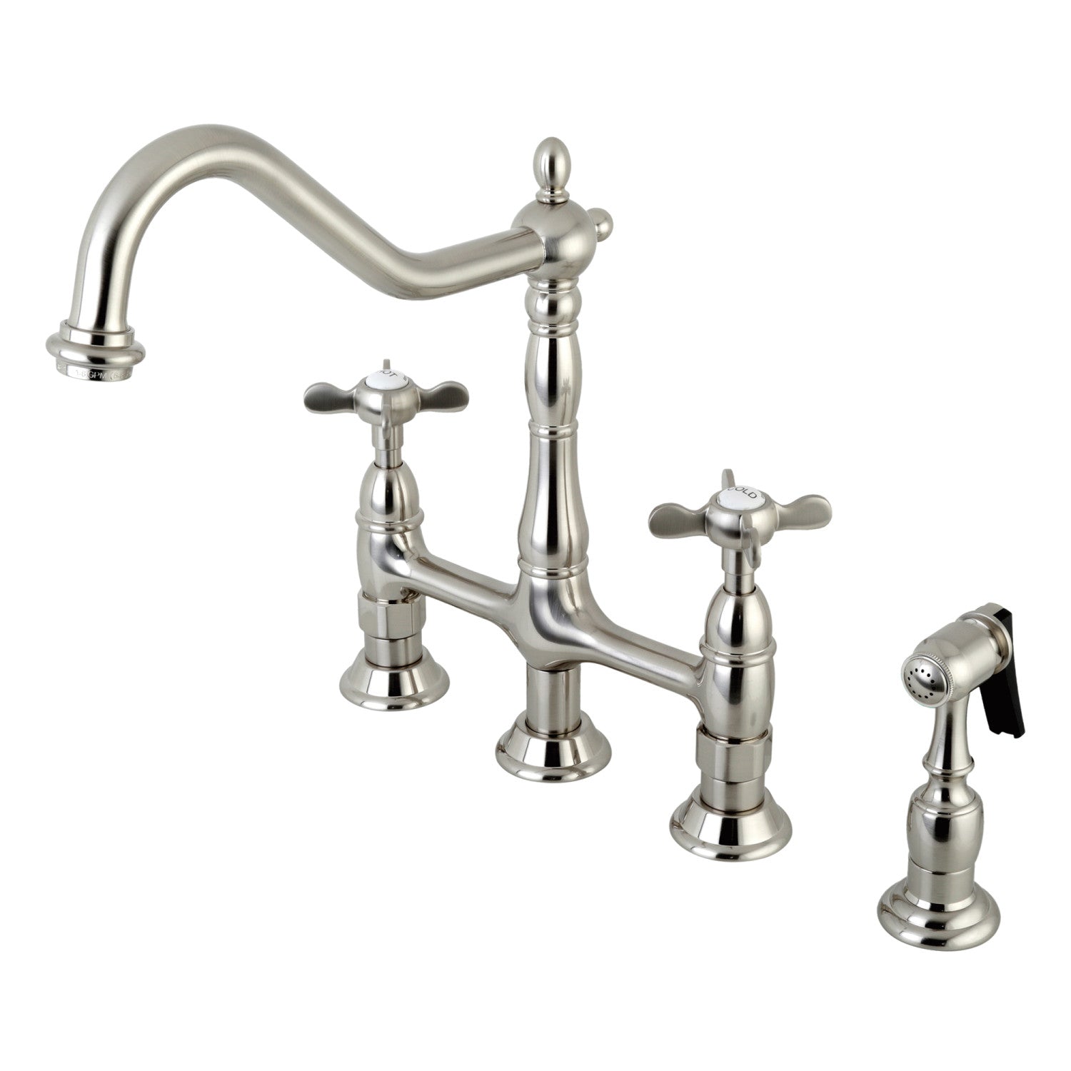Kingston Heirloom KS1278BEXBS - Robinet de cuisine à deux poignées 4 trous montage sur plage Bridge avec pulvérisateur en laiton, nickel brossé