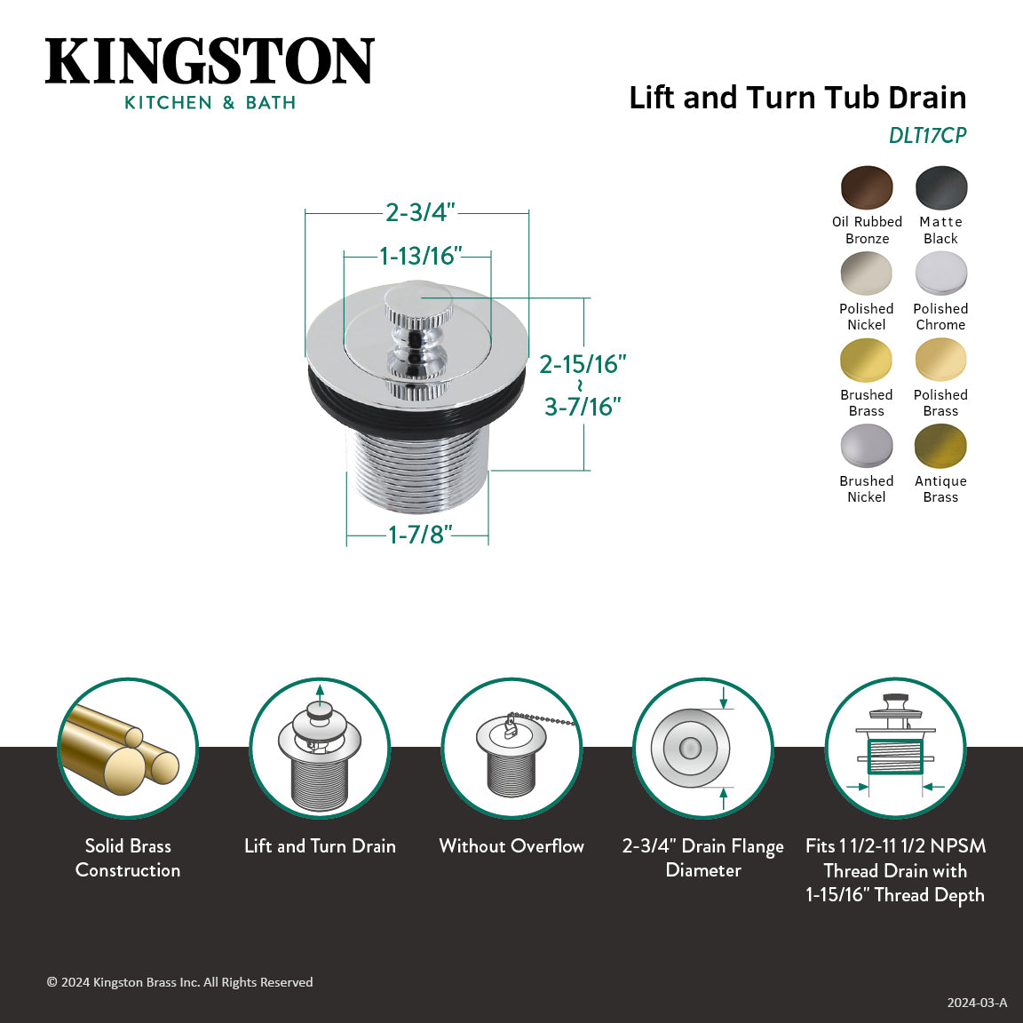 Kingston Heirloom DLT17PB - Made To Match 1-1/2-Inch Lift and Turn Tub Drain with 1-3/4-Inch Body Thread, Polished Brass