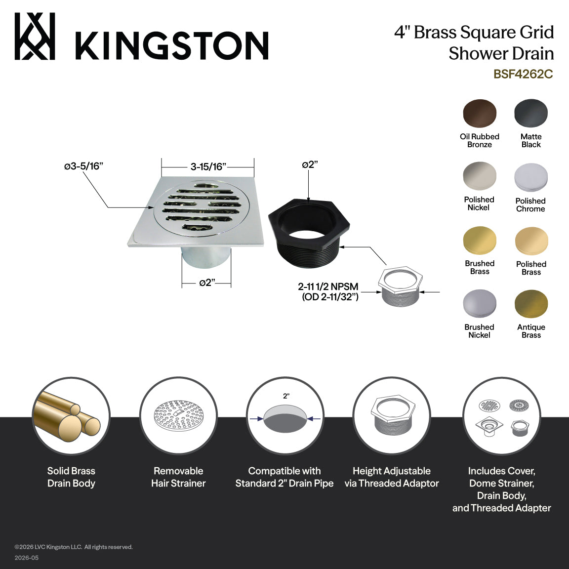 Kingston Watercourse BSF4262BB 4-Inch Brass Square Grid Shower Drain with Hair Strainer, Brushed Brass