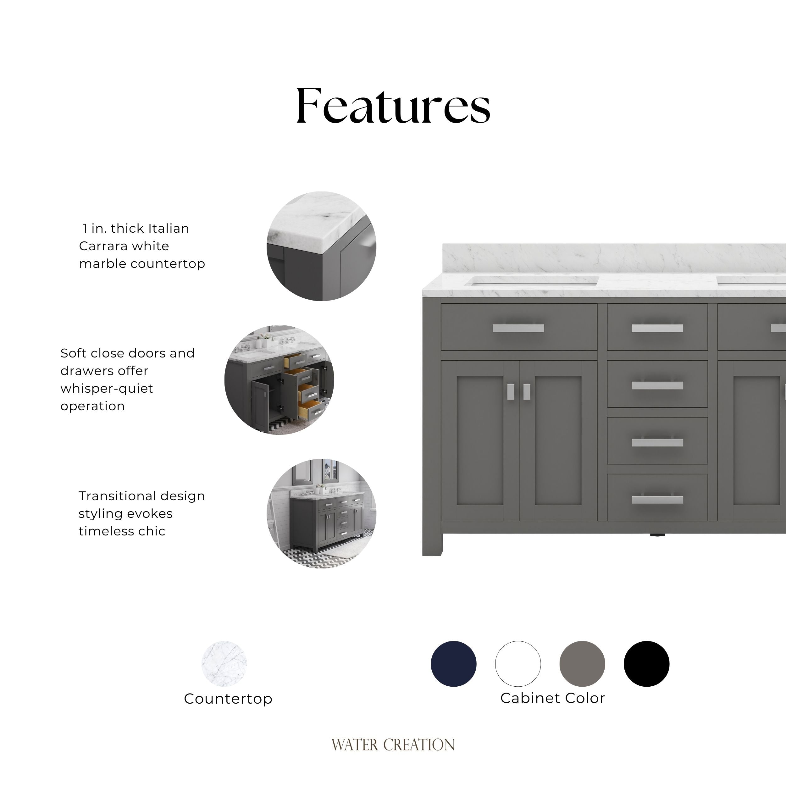 Kingston Luxe MS60CW01CG - 60 in. x 21 in. Bathroom Vanity Marble Top in Carrara White, Cashmere Grey