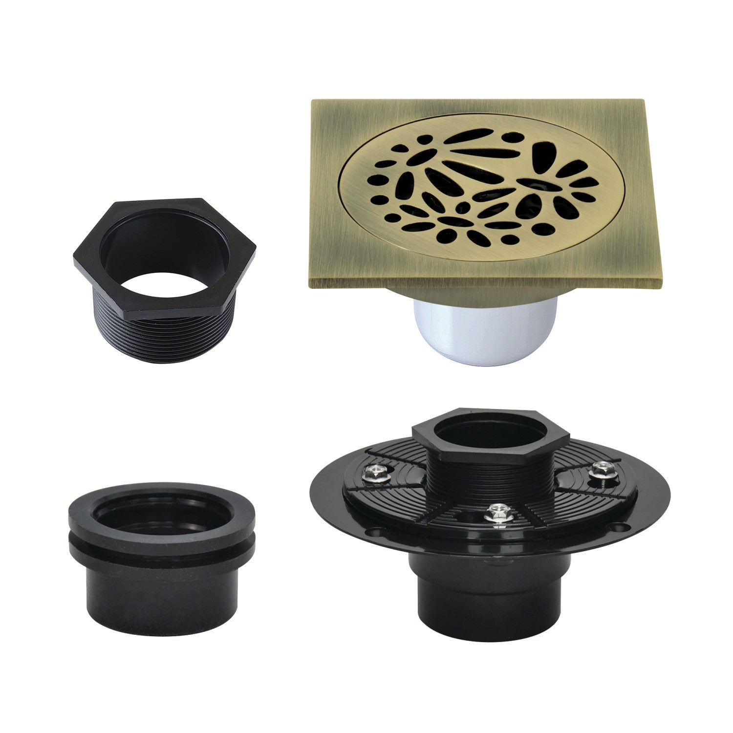 Kingston Watercourse BSFK6360AB 4-Inch Brass Square Grid Shower Drain with Hair Strainer and Base Flange, Antique Brass
