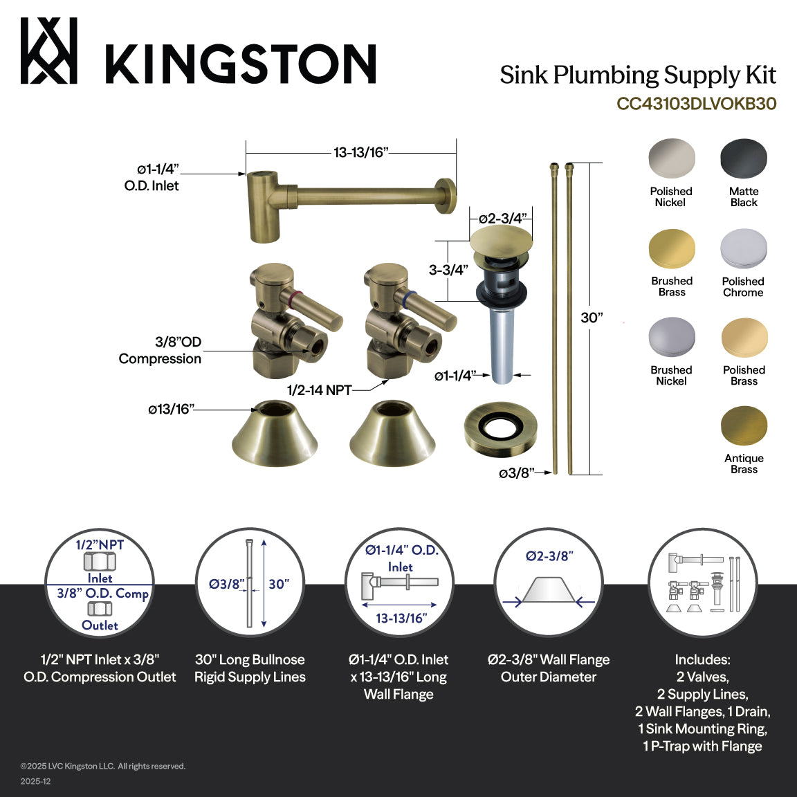Kingston Sona CC43106DLVOKB30 - Trimscape Modern Plumbing Sink Trim Kit with Bottle Trap and Overflow Drain, Polished Nickel