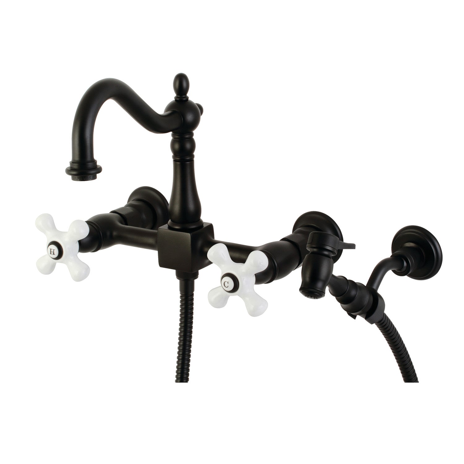 Kingston Heirloom KS1260PXBS - Robinet de cuisine à deux poignées Heritage 3 trous Wall Mount Bridge avec pulvérisateur en laiton, noir mat
