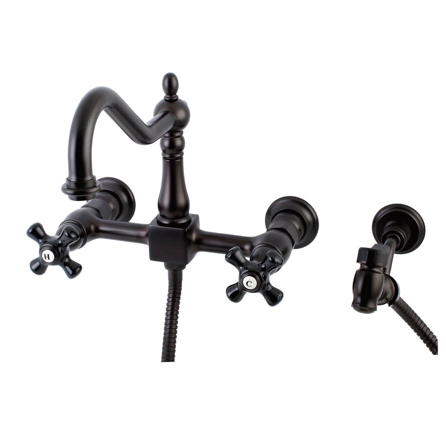 Kingston Heirloom KS1245PKXBS - Robinet de cuisine à deux poignées 3 trous Wall Mount Bridge avec pulvérisateur en laiton, bronze à l'huile