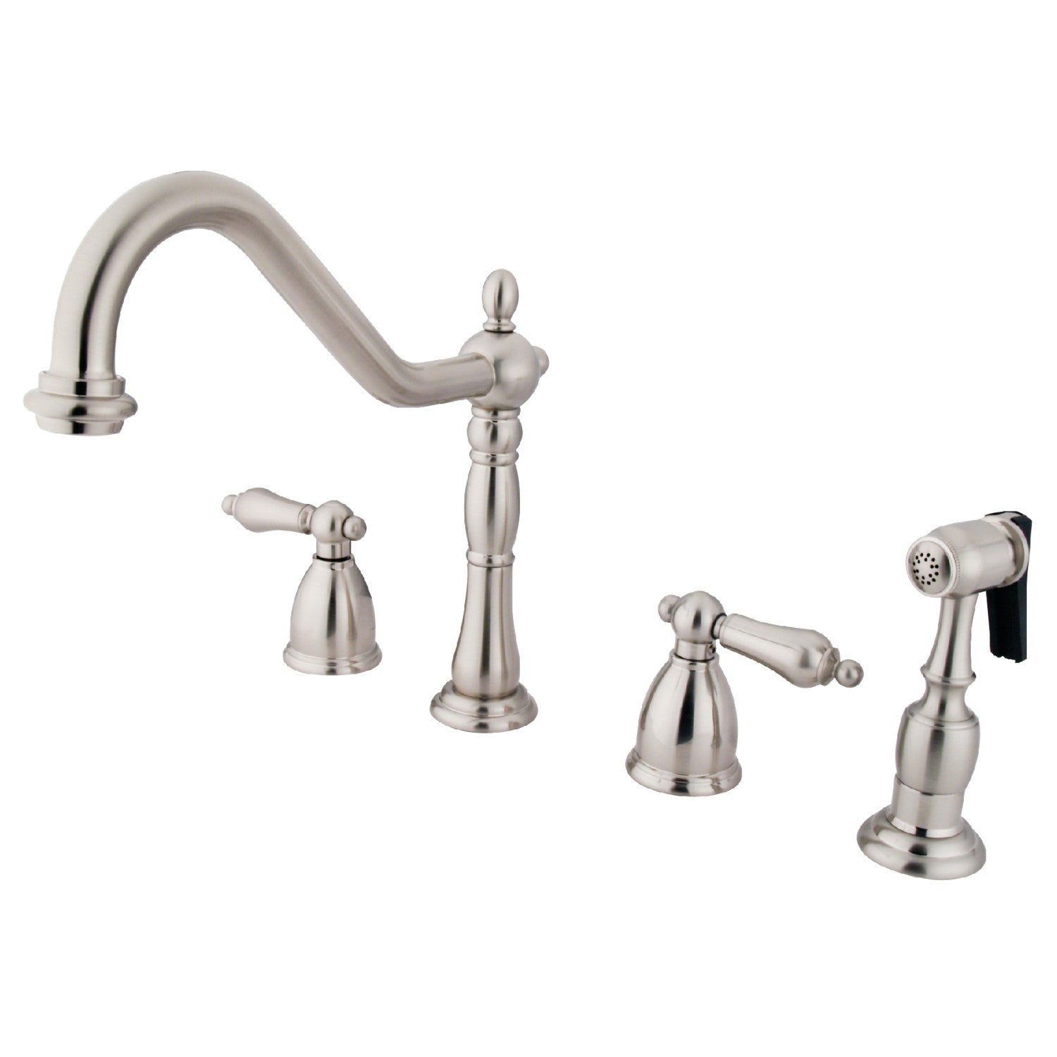 Kingston Heirloom KB1798ALBS - Heritage Double-Handle 4-Hole Widespread Kitchen Faucet with Brass Sprayer, Brushed Nickel