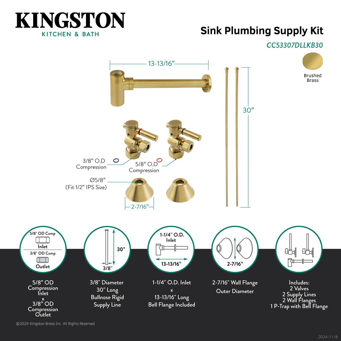 Kingston Sona CC53307DLLKB30 - Trimscape Modern Plumbing Sink Trim Kit with Bottle Trap, Brushed Brass