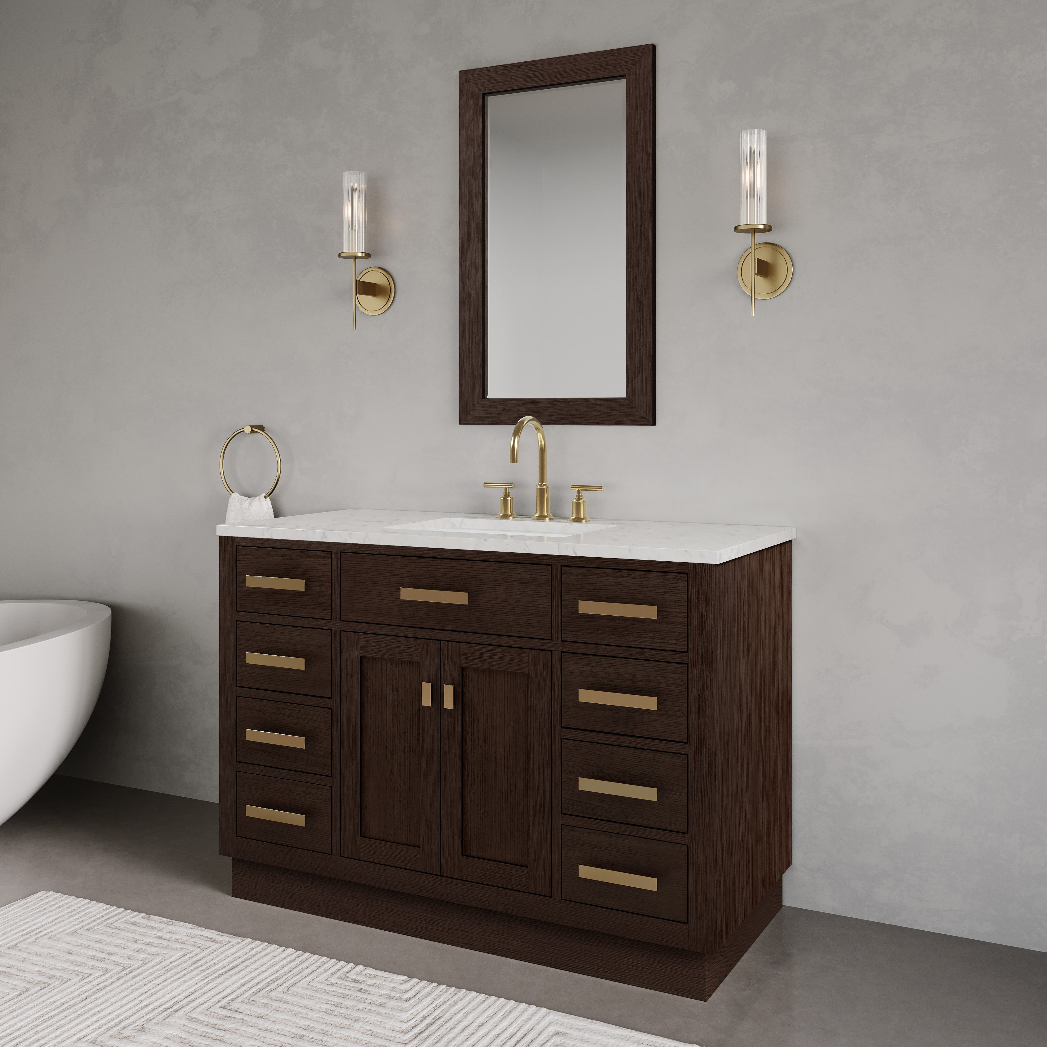 Kingston Luxe CH48CW06BK - 48 in. x 21.5 in. Bathroom Vanity Marble Top and White Basin, Brown Oak
