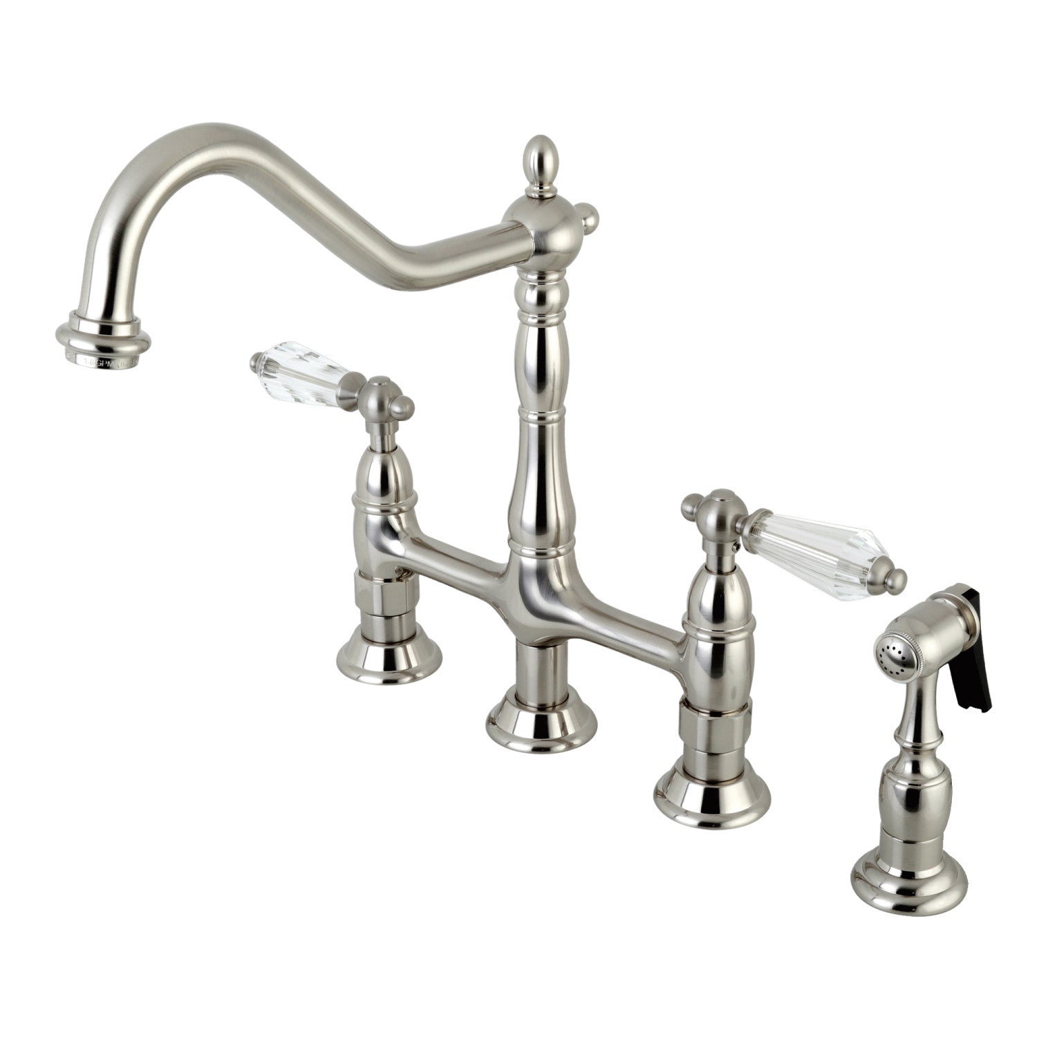 Kingston Heirloom KS1278WLLBS - Wilshire Robinet de cuisine à deux poignées 4 trous montage sur plage Bridge avec pulvérisateur en laiton, nickel brossé