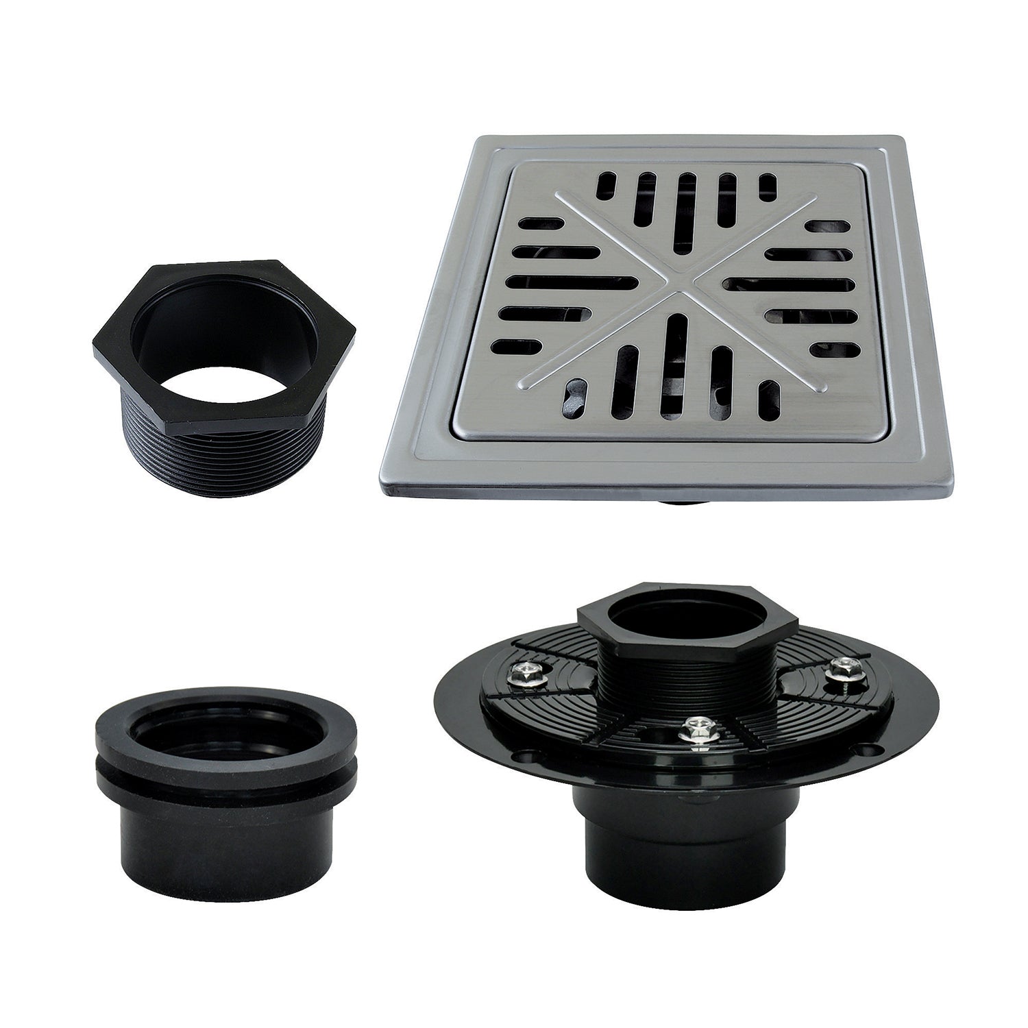 Kingston Watercourse BSFK6605SS 6-Inch Stainless Steel Square Grid Shower Drain with Flange, Brushed Stainless Steel