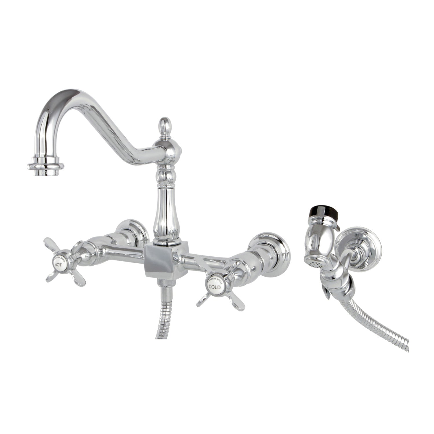 Kingston Heirloom KS1241BEXBS - Robinet de cuisine à deux poignées 3 trous Wall Mount Bridge avec pulvérisateur en laiton, chrome poli