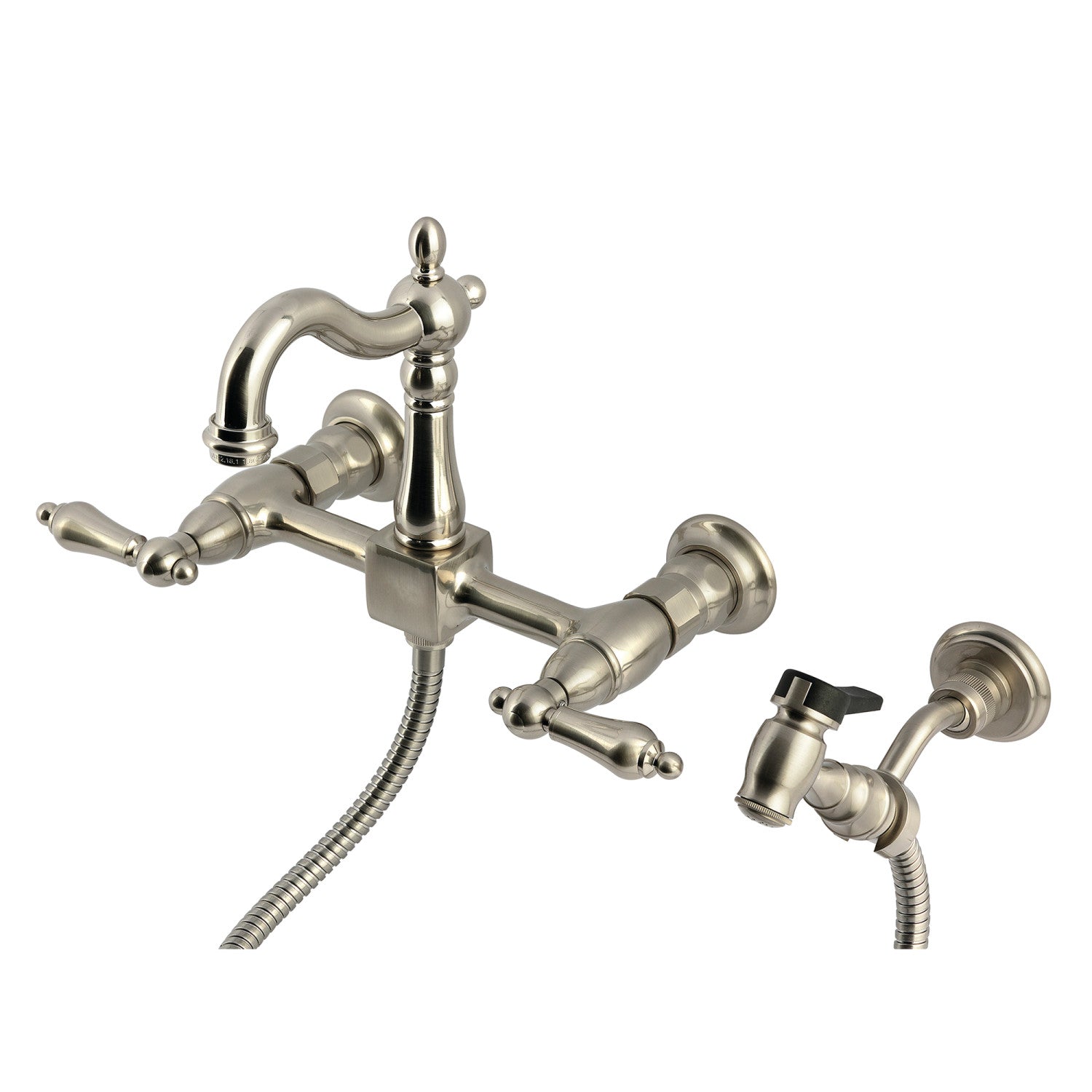 Kingston Heirloom KS2448ALBS - Robinet de cuisine à deux poignées Heritage 3 trous avec pulvérisateur en laiton, nickel brossé