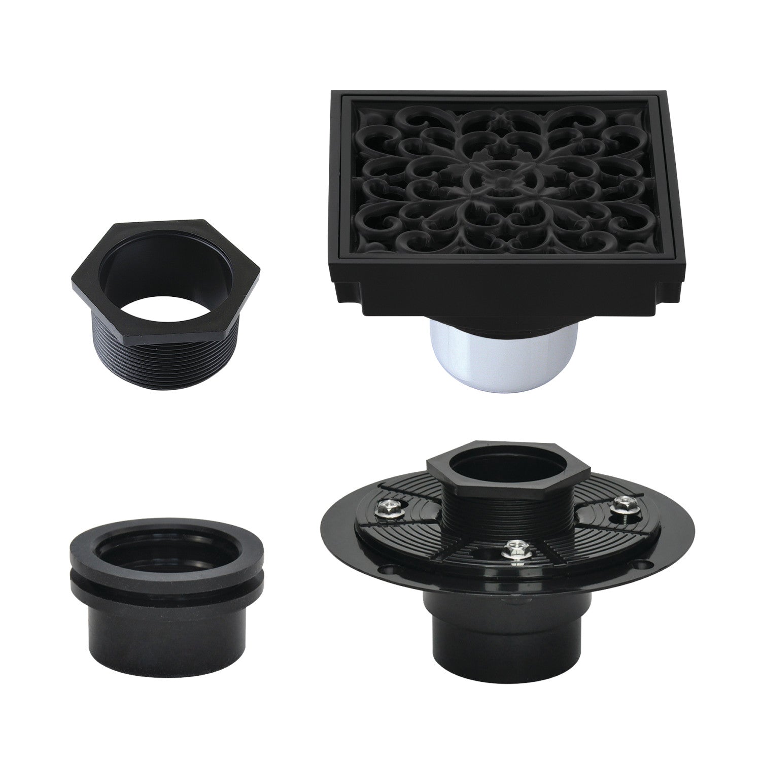 Kingston Watercourse BSFK9771MB 4-Inch Brass Square Grid Shower Drain with Hair Strainer and Base Flange, Matte Black