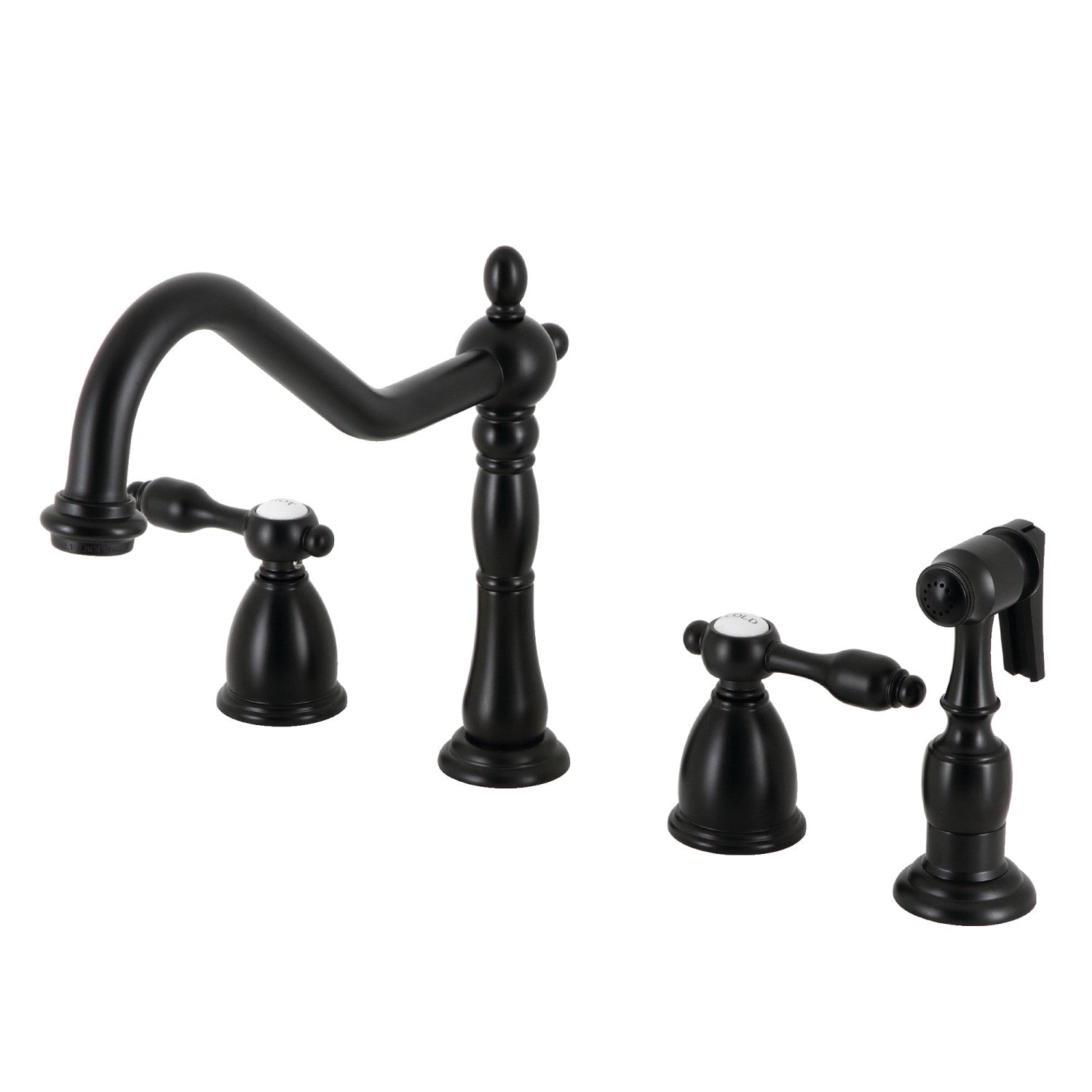 Kingston Heirloom KB1790TALBS - Robinet de cuisine à double poignée Tudor 4 trous avec pulvérisateur en laiton, noir mat
