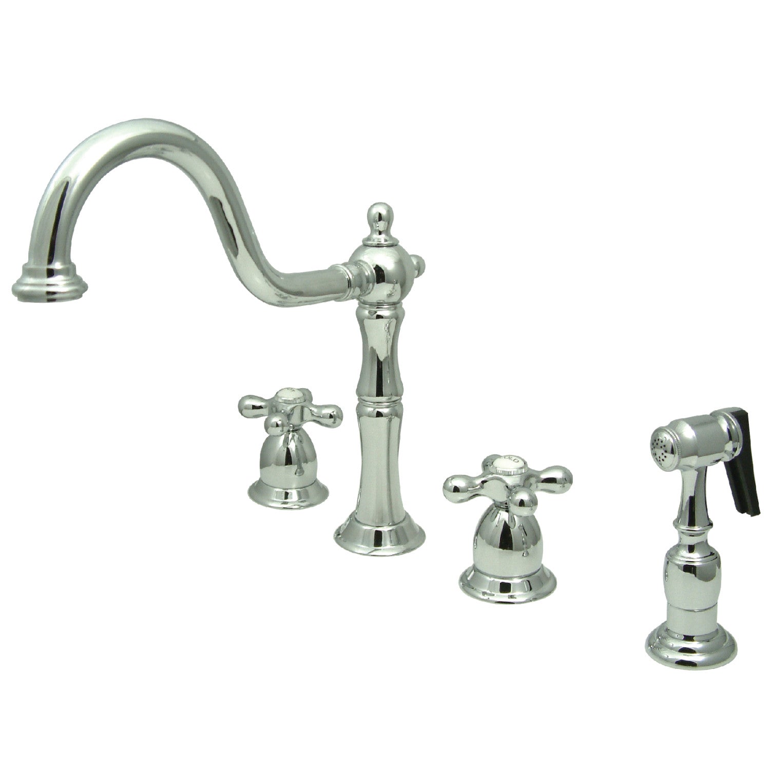 Kingston Heirloom KB1791AXBS - Robinet de cuisine à double poignée Heritage 4 trous avec pulvérisateur en laiton, chrome poli