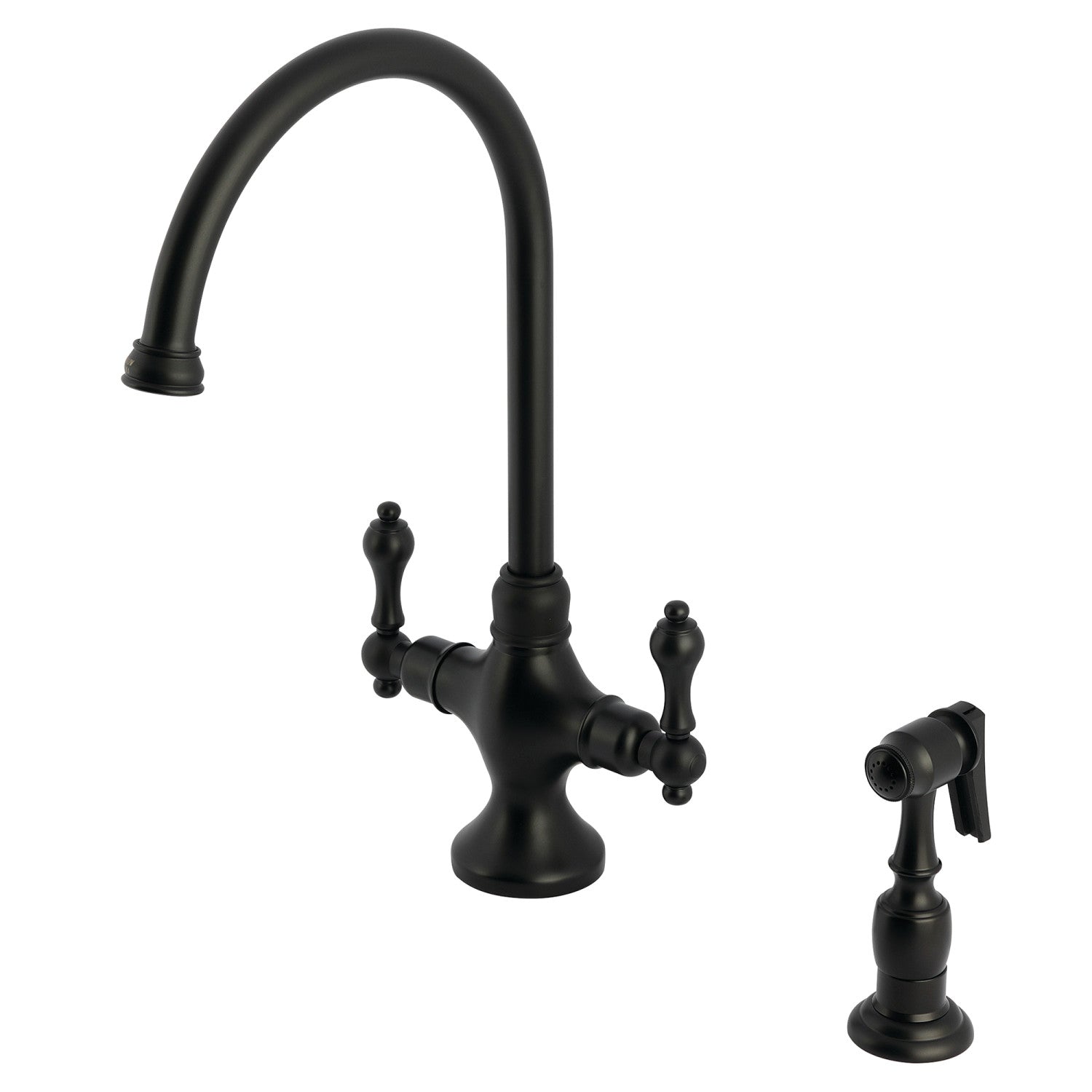 Kingston Tulare KS1760ALBS - Robinet de cuisine à deux poignées vintage 2 trous avec pulvérisateur en laiton, noir mat