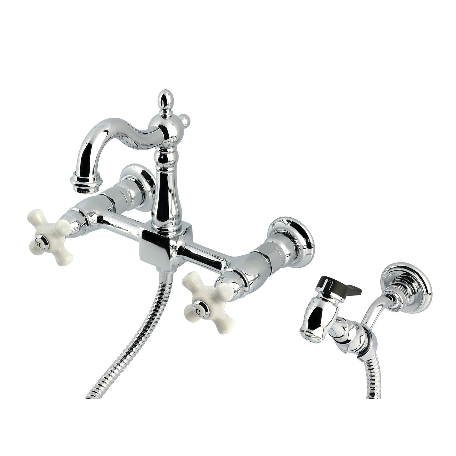 Kingston Heirloom KS2441PXBS - Robinet de cuisine à deux poignées Heritage 3 trous avec pulvérisateur en laiton, chrome poli