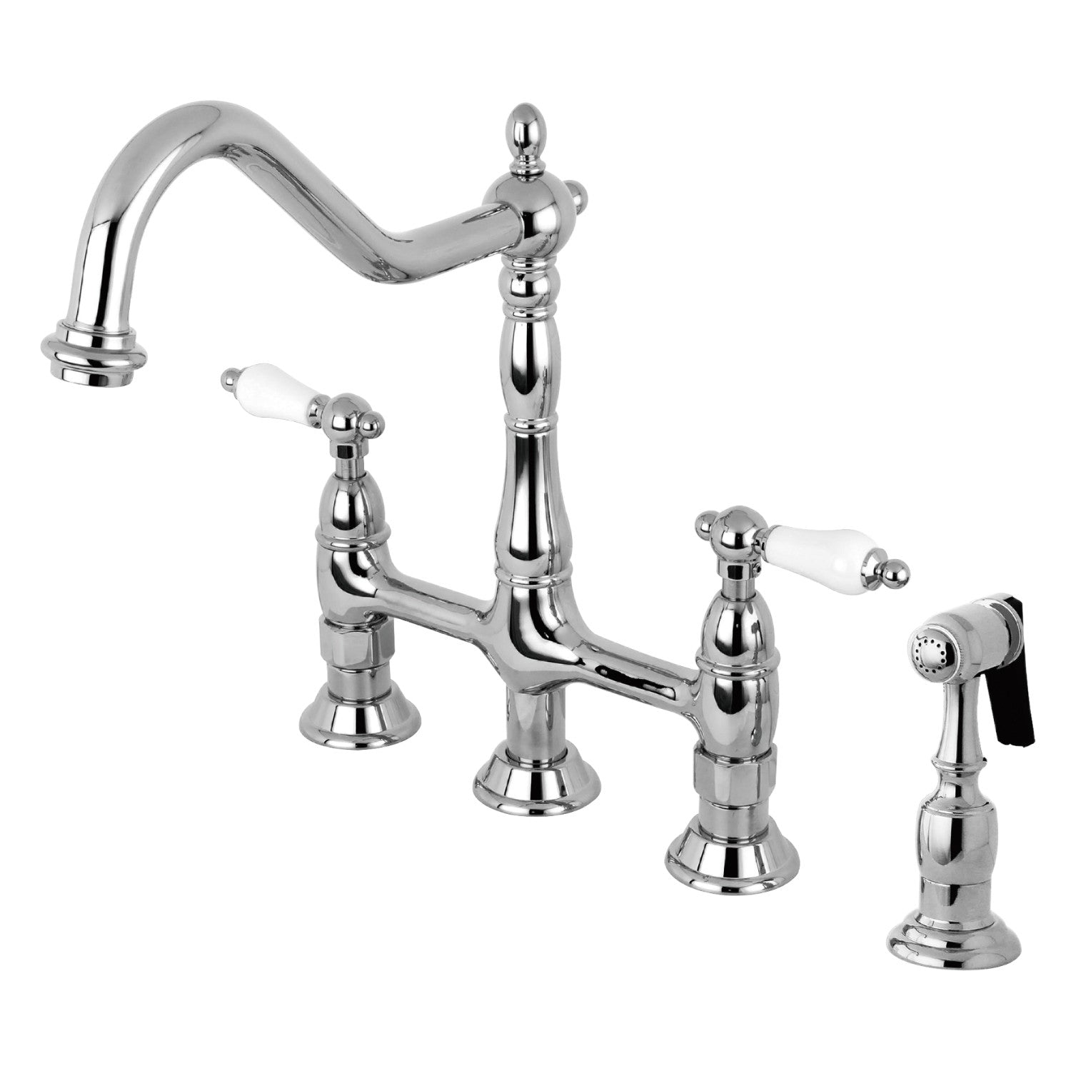 Kingston Heirloom KS1271PLBS - Robinet de cuisine à deux poignées Heritage 4 trous montage sur plage Bridge avec pulvérisateur en laiton, chrome poli