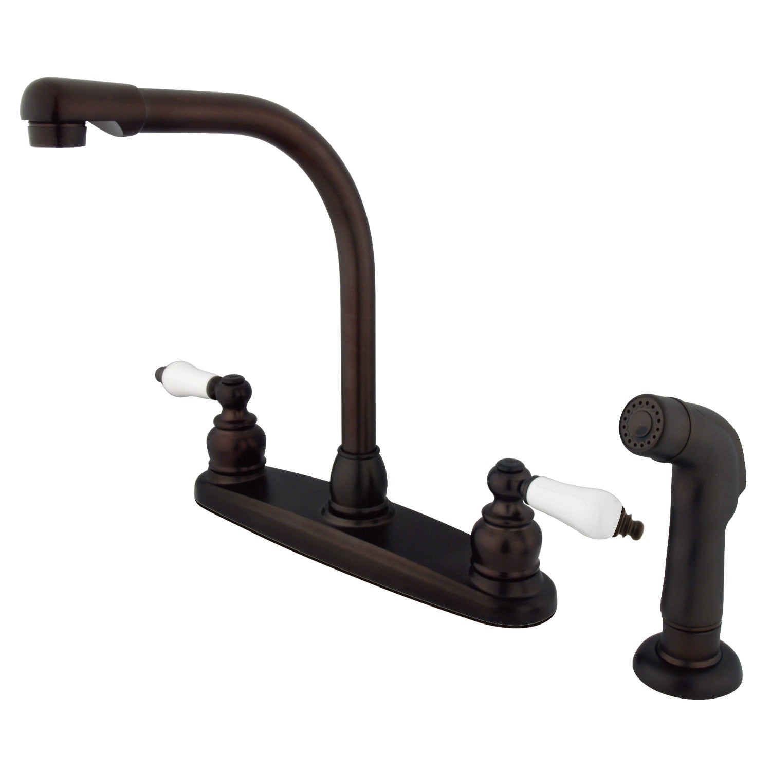 Kingston Tulare KB715SP - Victorian à deux poignées 4 trous 8" Centerset Robinet de cuisine avec pulvérisateur latéral, bronze frotté à l'huile