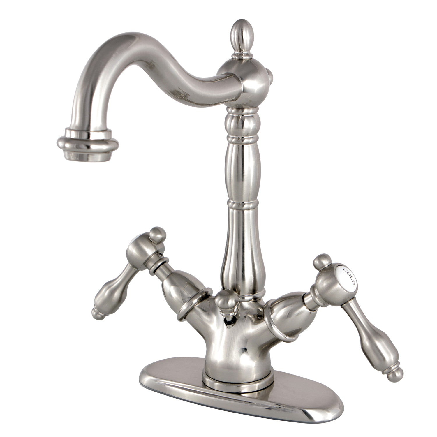 Kingston Heirloom KS1438TAL - Tudor Double-Handle 1-or-3 Trou montage sur plage 4-Inch Centerset Robinet de salle de bains avec laiton à tirette, Nickel brossé